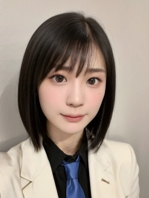 (kawaii 24 year-old Japanese girl, Nogizaka idol, Korean idol), healthy female athlete body, (glossy black hair, messy very short hair, messy pixie cut, symmetric and even length hair:1.3), (forehead), (rounded face, black eyes, single eyelid, no makeup, serious expression:1.2), (wearing suit jacket, collared shirt, necktie:1.3), (flat chest, extra small breasts), (looking at viewer:1.2), BREAK, (plain white wall background:1.3), (portrait, id photo, yearbook, view from straight forward:1.3), face focus, BREAK, (masterpiece, best quality, photo realistic, official art:1.4), (UHD, 8K quality wallpaper, high resolution, raw photo, golden ratio:1.2), (shiny skin), professional lighting, physically based rendering, award winning, (perfect anatomy, highly detailed skin, extremely detailed face and eyes), Carl Zeiss 85 mm F/1.4, depth of field, 1girl, solo,