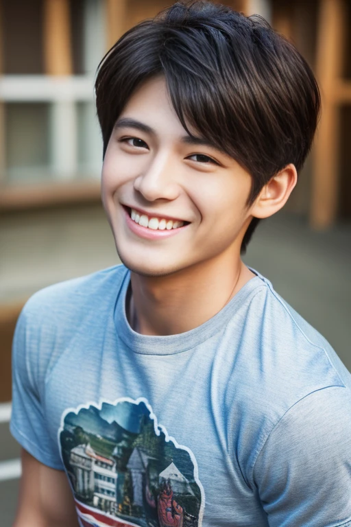 (8k, RAW photo, best quality, masterpiece:1.2), (realistic, photo-realistic:1.4), (extremely detailed 8k wallpaper),bishounen,1 man, 20yo,smile,japanese,t-shirt