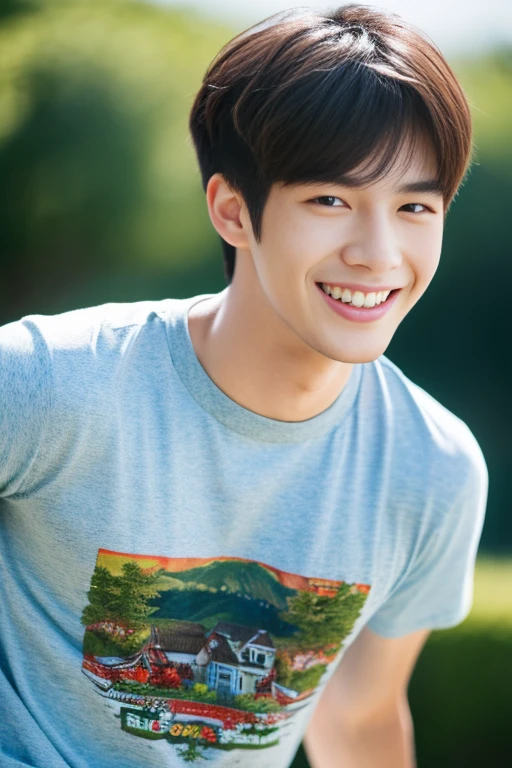 (8k, RAW photo, best quality, masterpiece:1.2), (realistic, photo-realistic:1.4), (extremely detailed 8k wallpaper),bishounen,1 man, 20yo,smile,japanese,t-shirt