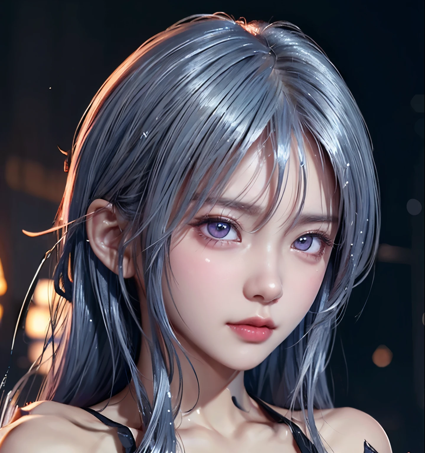 beautiful face, embarrassed face, bashful face, cry, orgasm face, feel ecstasy, look at viewer, silver color hair, beautiful eye, high detailed pupil, double eyelid, high detailed real skin, high quality skin, sweaty skin, professional lighting, real shadow, masterpiece,