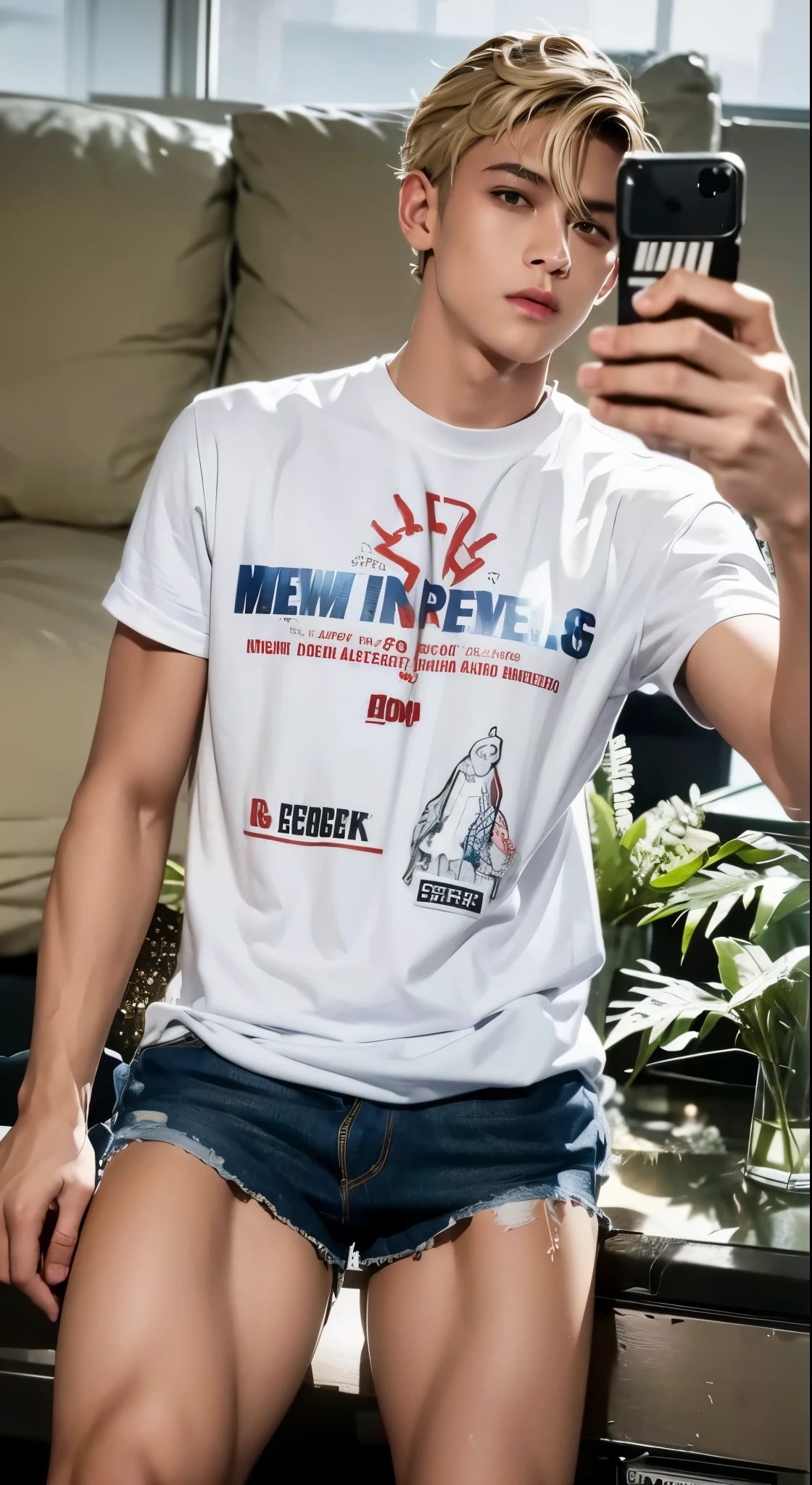 Hot sexy blond 27 year old, black male prostitute, smooth sexy body, sexy legs, torn and distressed blue denim mens short, red basketball jersey, takes a selfie photo for his escort ad on the interne.