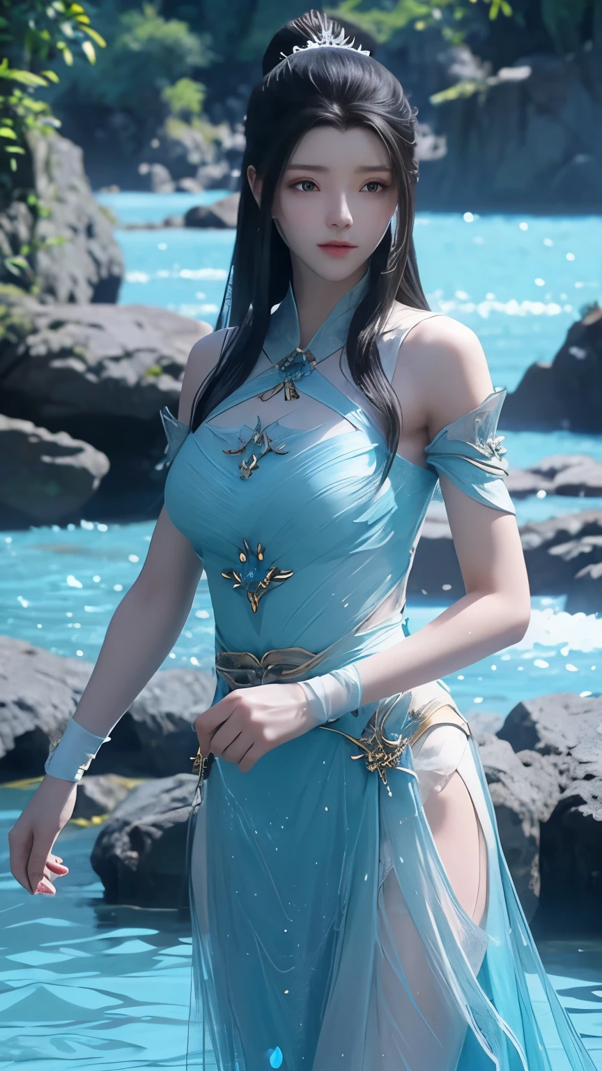 Arapei wearing a blue and white dress standing in the water, anime manga girl walking on water, water magic closeup fantasy, Azure Lane style, Popular topics on cgstation, anime manga girl , serafina ali is not following anyone。 Autodesk_new, splash ink art animation , gas station trends, realistic water, water fairy, WLOP 和 Sakimichan