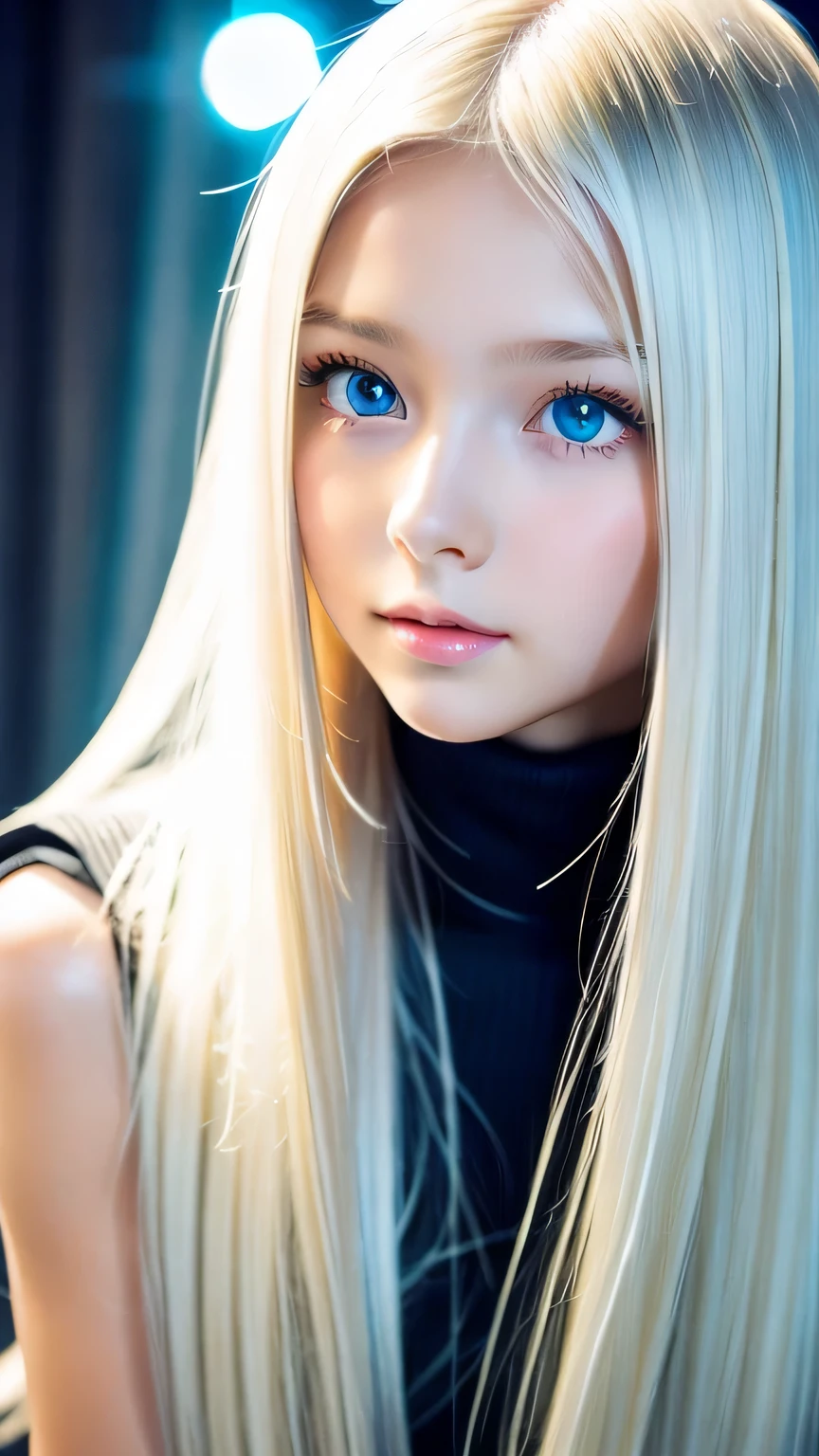 Shiny, beautiful white skin、Hair color changes depending on the light、bangs on the face、cheek gloss highlights、sexy and very beautiful, Ladylike, cute, gorgeous face、the most beautiful face in the world、The most beautiful super long platinum blonde hair in the world、smooth, Super Long Straight Silky Hair、bright light blue eyes, lighting equipment、beautiful pony、Beautiful 15 year old Swedish girl、baby face