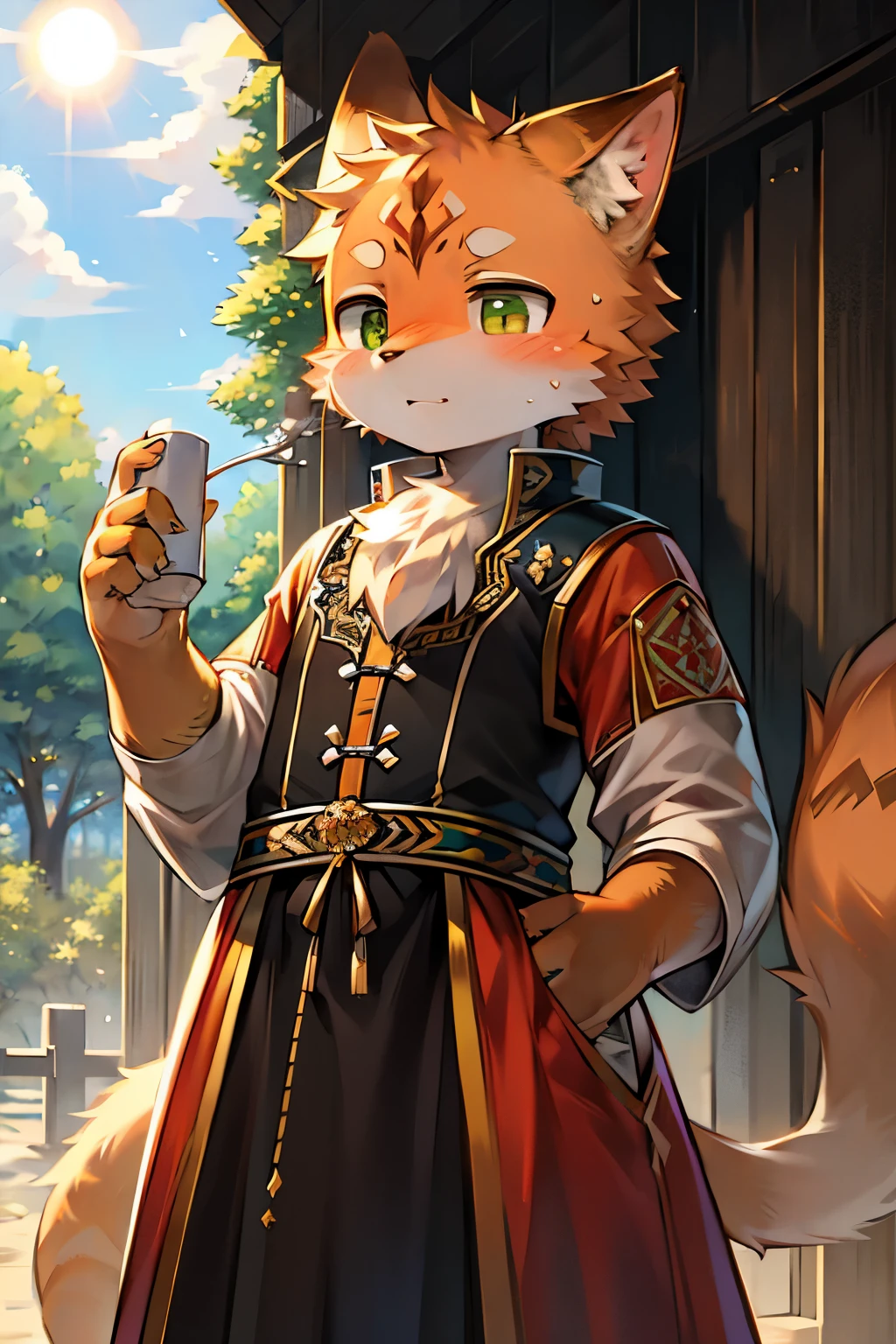 God-tier Kemono art, breathtakingly detailed, unparalleled precision, pixel-perfect rendering, ultra-high resolution, 8k masterwork, unrivaled craftsmanship, capturing every minute detail, a true feast for the eyes, Orange furred feline, striking green eyes, radiant and vibrant, wearing a rugged traveler's outfit, perfectly embodying the spirit of adventure, Kemono style at its finest, delicate linework, fluid strokes, flawless anatomy, astonishingly realistic, bringing the character to life, set against a backdrop of a picturesque landscape, the brilliance of the sun illuminating the scene, a sky painted in a magnificent shade of blue.