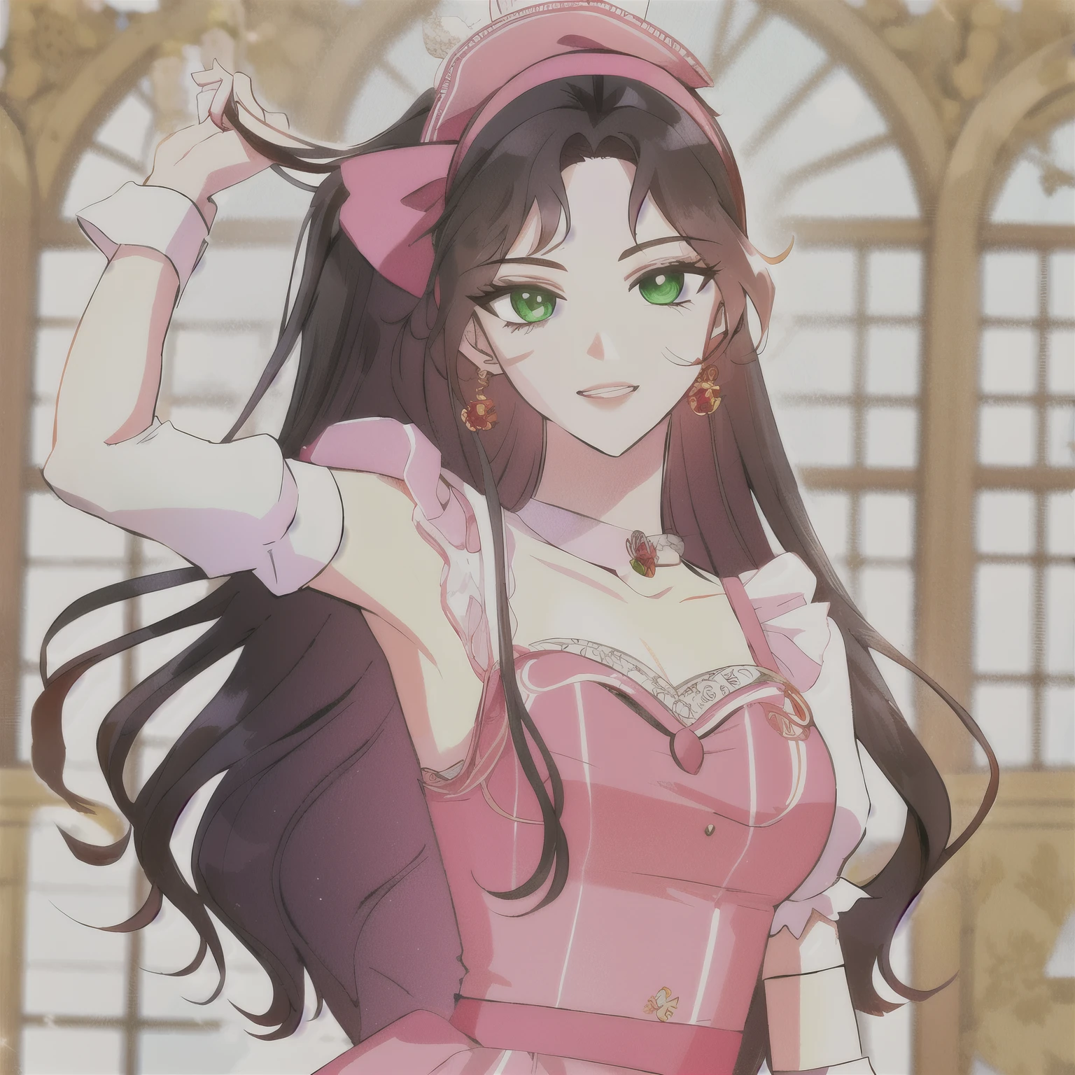 Girl with white round glasses, red eyes, white half up half down hair, with a hello kitty headband, a hello kitty hair tie holding up the half up, with arm warmers, a pink and white maid dress