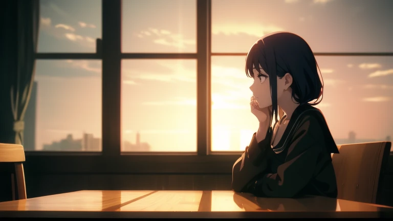 Anime scene of a woman sitting at a table with a laptop, Lofiatostyle, lofi girl, lofi girl aesthetic, lo-fi hip hop, Loffi aesthetics, Lo-fi feeling, Lofiato, In the style of Atay Gairan, anime movie screenshots, Inspired by Atay Gailan, Robbie's Atmospheres, Robbie's Atmosphere