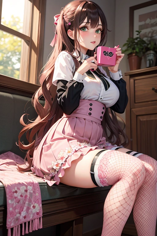 1 sexy MILF, pink floral skirt, light pink fishnets stockings, long hair brunette, green eyes.