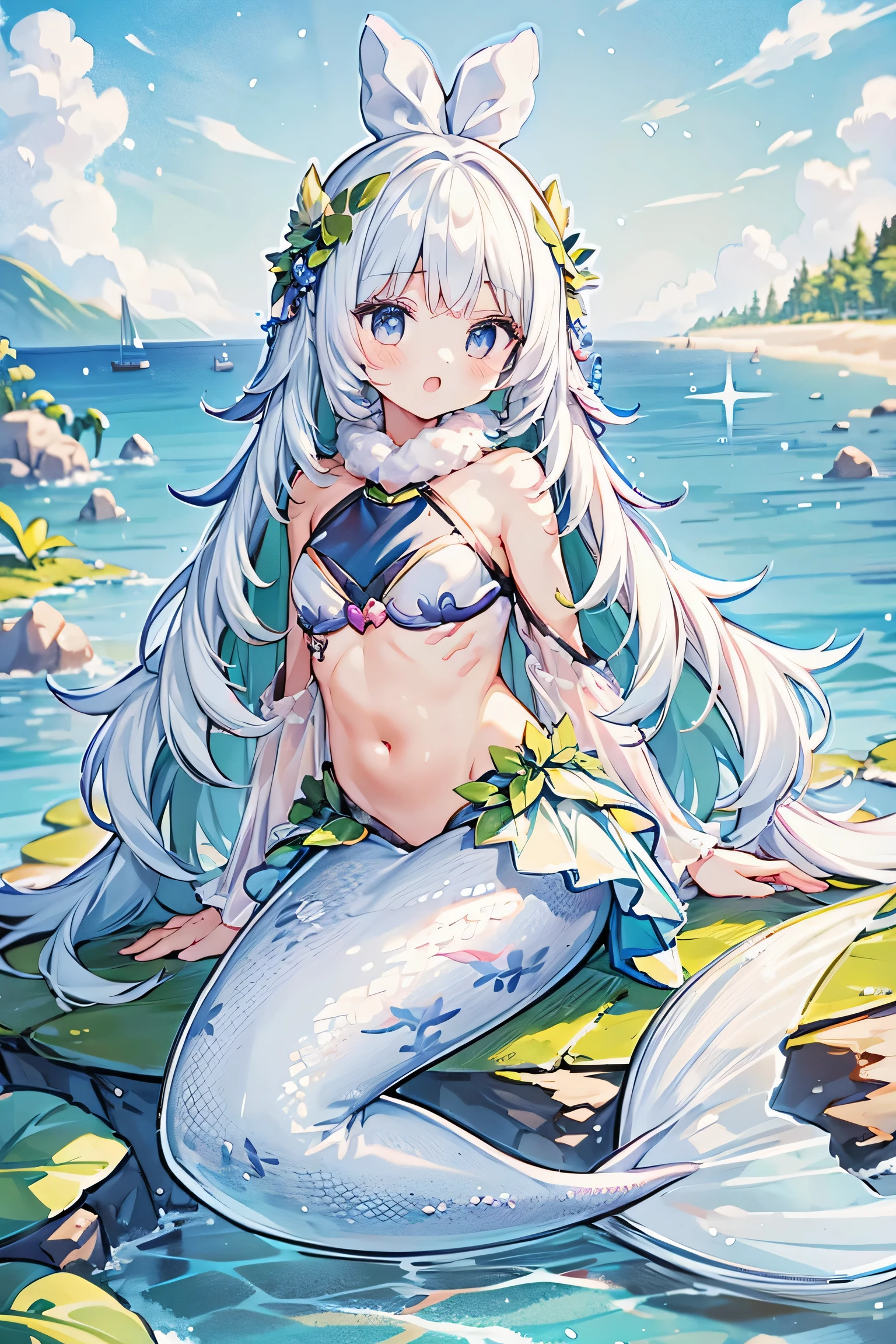 masterpiece, best quality,a girl,white hair,Mermaid,White Mermaid Tail,Mermaid&#39;s tail is wet with water,full-body shot,beach,sea view,sit on the beach,Open your mouth and sing,charming face(kawaii, charming,soft)