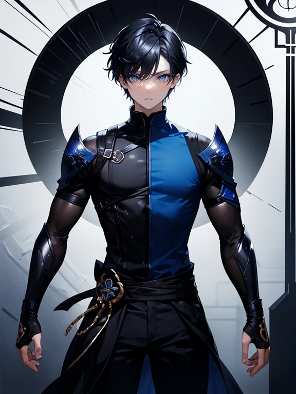 A (masterpiece, of the highest quality, ultra-detailed), featuring a single boy with short black hair, with a tense expression, finely sculpted facial features, blue eyes, and fair skin, portraying a ninja, with sparkling eyes, standing motionless, with only his gaze directed to the right.
