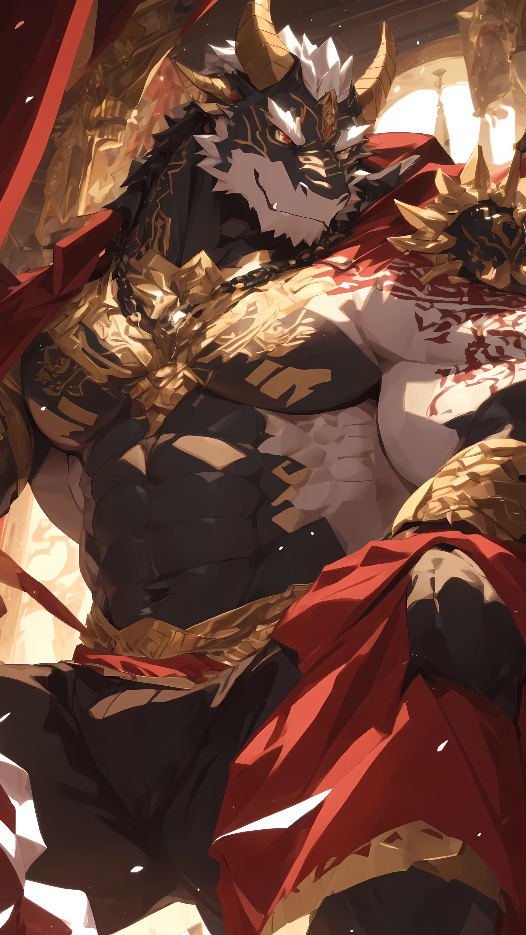 human nature((dramatic))epic, dynamic poses, Dynamic angle, a scene in, Extreme perspective and powerful composition, ridiculous, (super detailed), sharp focus, Genji, Eye, hairy, human nature (black dragon), black dragon, male, Muscular, super detailed face,in the palace,Sitting on the Luxurious throne,(Disheveled 1.4), (best quality), (masterpiece), high detail, high quality, Award-winning, High resolution, HD, 16K, Yes, (close up:1.5),black dragon,muscular,Big chest muscles,Black nipples,Crotch is big and stands out,Big chest muscles are prominent,RedEye,Naked from the waist down,Wearing only black shorts,Golden dragon horn,Black nipples,Black dragon scales,Red Eye,Exquisite Eye,Bright Eye,Gold tattoos all over the body,golden tattoo,spread legs,Large bag at the crotch,Crotch is super prominent,Luxurious throne,Ultra-clear,16K,delicate face,Golden dragon horn,Red vertical pupils,Gold tattoos all over the body,Gold tattoo on chest,Gold tattoo on the abdominal muscles,Crotch is big,The crotch is particularly prominent,Black nipples。