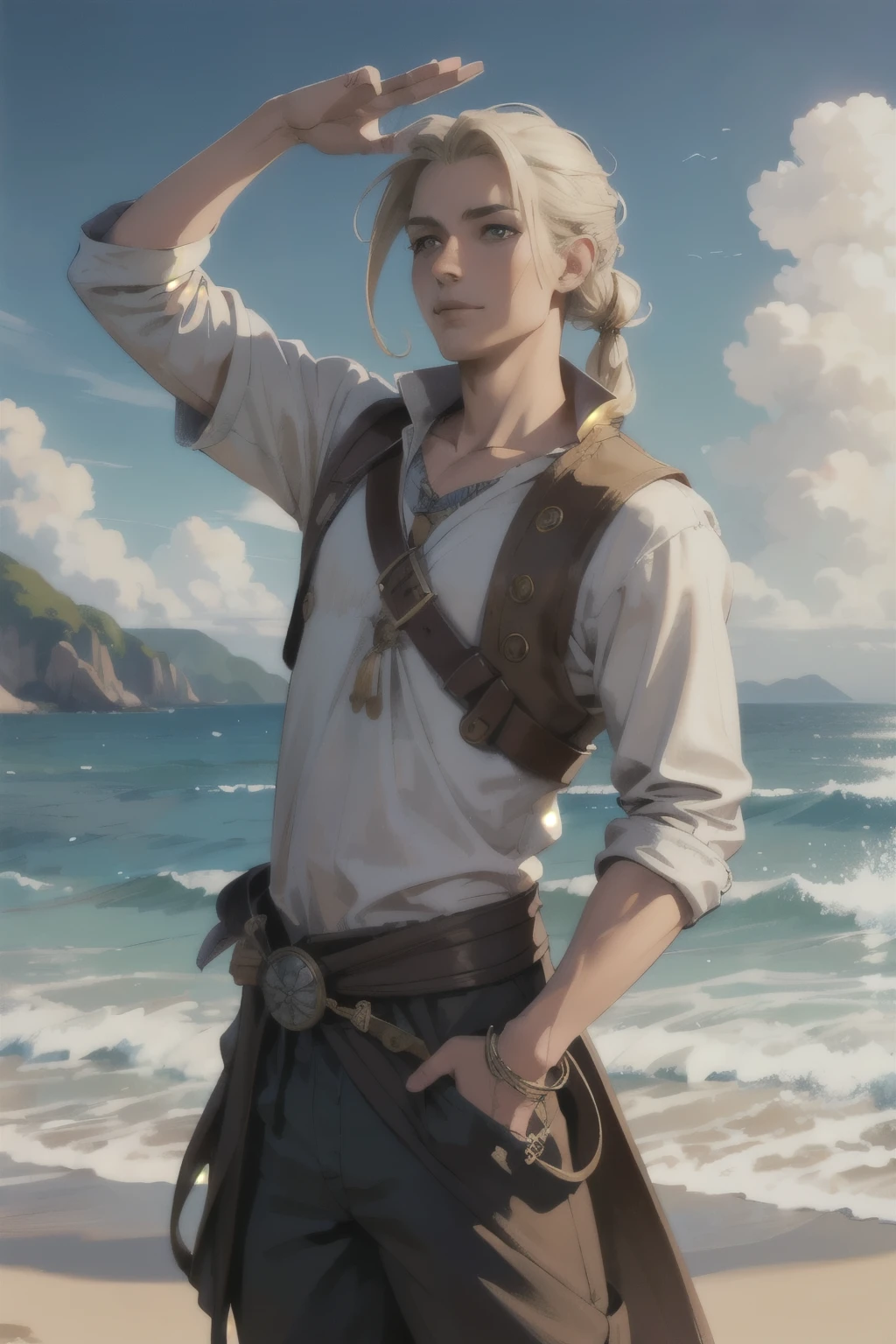 Beautifully drawn, high quality, ultra-detailed CG illustration of a young man with a serene expression, pirate clothes, gazing into the distance with his striking light blonde hair gently waving in the ocean breeze, on the beach, rattail