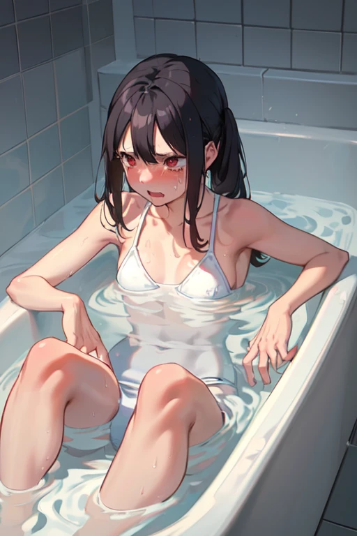 school swimwear, one piece swimsuit, black hair, Watery eye, Punishment, crying face, scream, in agony, Desperately struggling, Like a TV show, whole body, shame, Taking a bath,bathtub,hot water bath,steam, whole bodyがお湯の中, bright red skin, Withstands the heat, Being boiled,