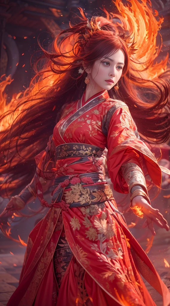 (full body portrait), (close up) ,1 girl,korean girl, 17 years old, Fire mage wearing fiery red clothes(Chinese Hanfu),The robe is embroidered with intricate runes,Decorated with a burning scent。He was tall and strong,Raise your hand,Powerful fire spells are being unleashed, His eyes are firm and sharp,A fire flashed in the flame mage's eyes,(A huge flaming phoenix spreads its wings and flies:1.2),(Phoenix feathers burn with blazing flames), it sparkles,Its body is surrounded by flame feathers,Dancing,Forming a spectacular flame hexagonal star array pattern,Full of mysterious magic,The whole scene is full of fiery aura and passion for fighting,Large fire spells bloom in the air,A brilliant arc of flames and splashing sparks form,(Fire Mage and Phoenix),Look majestic and mysterious in the raging fire,Like the embodiment of fire and magic,Red hair,high detail,Surrealism,realism,((Half-length photo)),(real picture:1.4),(chiaroscuro),movie lighting,Realistic special effects,Render by Octane,Ray tracing,panoramic,perspective,textured skin,Ultra-detailed,ultra high definition,masterpiece,anatomically correct,best quality,high resolution,8K
