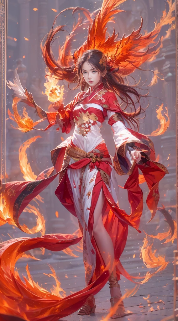 (full body portrait), (close up) ,1 girl，korean girl, 17 years old, Fire mage wearing fiery red clothes（Chinese Hanfu），The robe is embroidered with intricate runes，Decorated with a burning scent。He was tall and strong，Raise your hand，Powerful fire spells are being unleashed, His eyes are firm and sharp，A fire flashed in the flame mage&#39;s eyes，（A huge flaming phoenix spreads its wings and flies：1.2),（Phoenix feathers burn with blazing flames), it sparkles，Its body is surrounded by flame feathers，Dancing，Forming a spectacular flame hexagonal star array pattern，Full of mysterious magic，The whole scene is full of fiery aura and passion for fighting，Large fire spells bloom in the air，A brilliant arc of flames and splashing sparks form，（Fire Mage and Phoenix），Look majestic and mysterious in the raging fire，Like the embodiment of fire and magic，Red hair，high detail，Surrealism，realism，（（Half-length photo）），（real picture：1.4），（chiaroscuro），movie lighting，Realistic special effects，Render by Octane，Ray tracing，panoramic，perspective，textured skin，Ultra-detailed，ultra high definition，masterpiece，anatomically correct，best quality，high resolution，8K