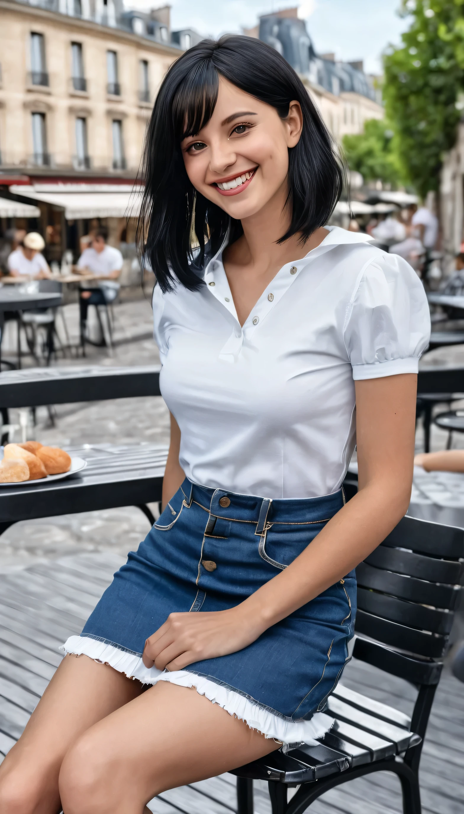 1 girl,(black hair semi-long)(beautiful hair), actress, smile, shiny skin, best quality, masterpiece, (photorealistic:1.4), terrace seating, Europe, France, Paris, denim mini skirt (realistic fabric), white short sleeves (cotton fabric), (no logo), thin fingers