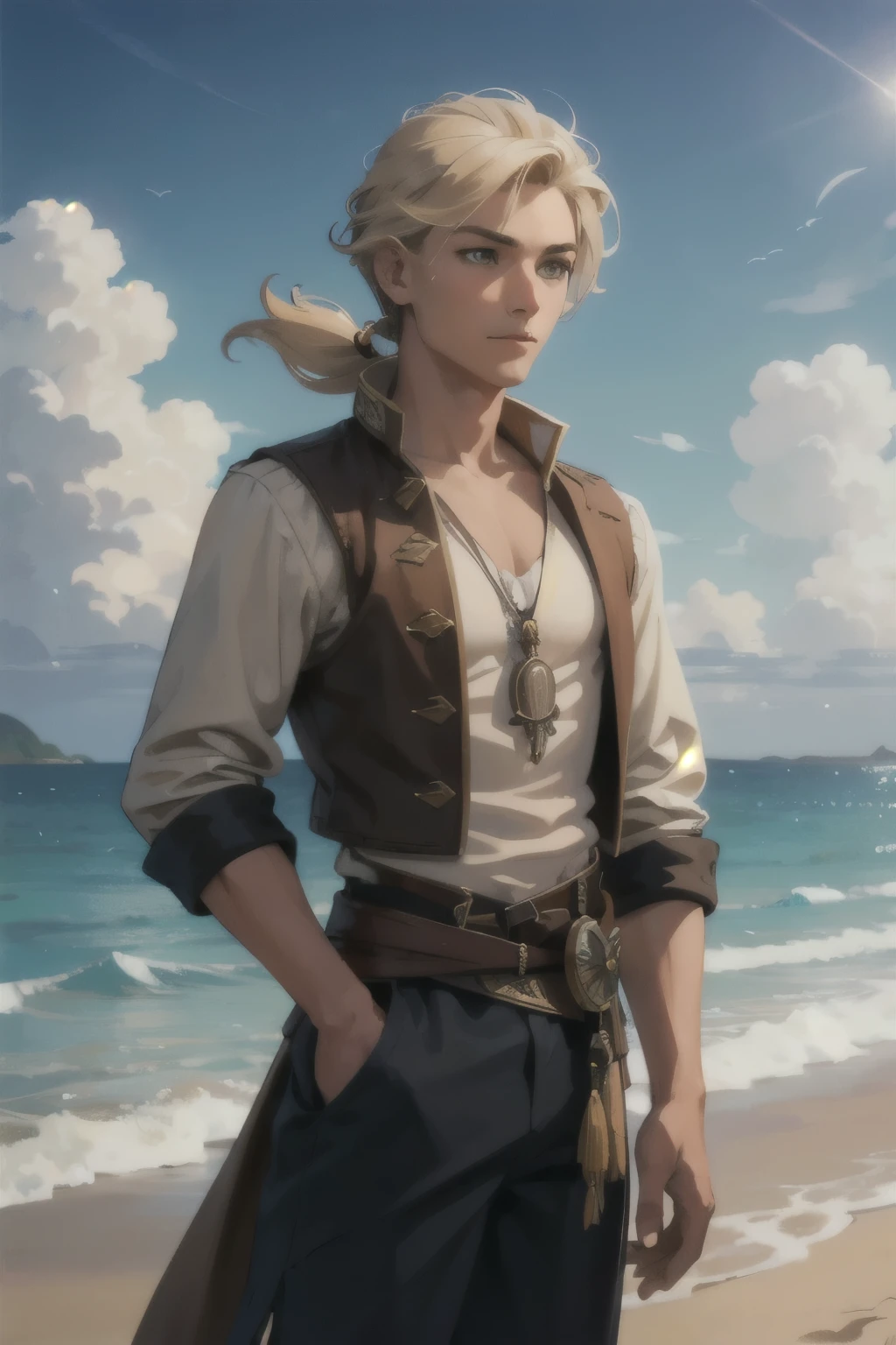 Beautifully drawn, high quality, ultra-detailed CG illustration of a young man with a serene expression, pirate clothes, gazing into the distance with his striking light blonde hair gently waving in the ocean breeze, on the beach, rattail