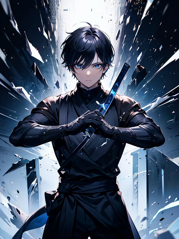 A (masterpiece, of the highest quality, ultra-detailed), featuring a single boy with short black hair, with a tense expression, finely sculpted facial features, blue eyes, and fair skin, portraying a ninja, with sparkling eyes, standing motionless, with only his gaze directed to the right, in a cowboy shot.