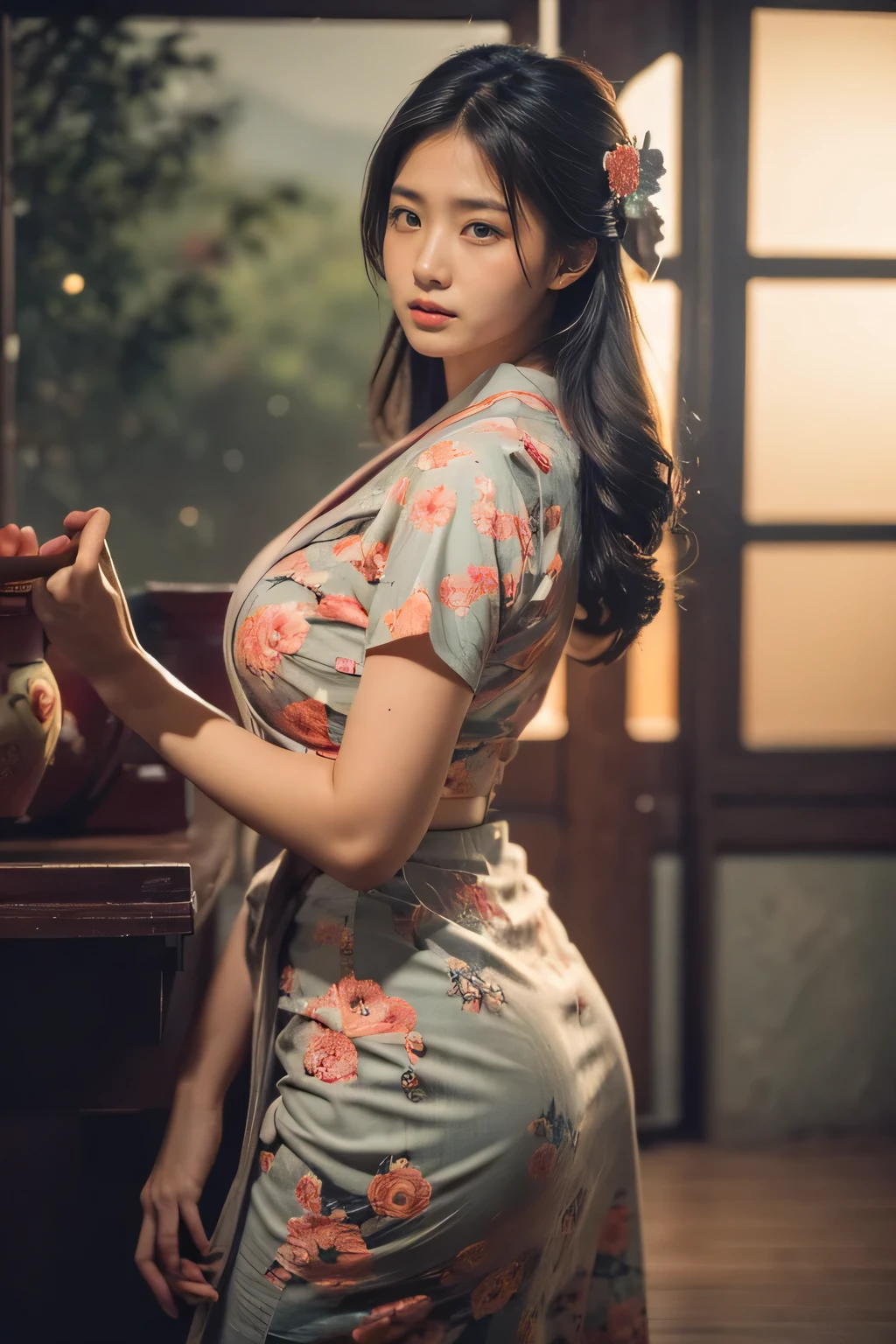 (dark shot:1.4), 80mm, (dark shot:1.4), masterpiece, best quality, game_cg, in summer, girl, solo, medium hair, white hair, looking at viewer, brown eyes, gigantic breasts nearly exposed, perfect booty, 80mm, epic realistic, painting of a geisha with european features entering a japanese pine forest, by range murata, a big red sun in the background, stunning, matted, paul gauguin, van gogh, art by greg rutkowski and artgerm, soft cinematic light, adobe lightroom, photolab, hdr, intricate, highly detailed, (depth of field:1.4), (dark shot:1.22), neutral colors, (hdr:1.4), (muted colors:1.4), (intricate), (artstation:1.2), hyperdetailed, dramatic, intricate details, (technicolor:0.9), (rutkowski:0.8), cinematic, detailed, soft light, sharp, exposure blend, medium shot, bokeh, (hdr:1.4), high contrast, (cinematic, teal and orange:0.85), (muted colors, dim colors, soothing tones:1.3), low saturation, (hyperdetailed:1.2), (noir:0.4), soft light, sharp, exposure blend, medium shot, bokeh, (hdr:1.4), high contrast, (cinematic, teal and orange:0.85), (muted colors, dim colors, soothing tones:1.3), low saturation, (hyperdetailed:1.2), (noir:0.4), (intricate details:1.12), hdr, (intricate details, hyperdetailed:1.15)