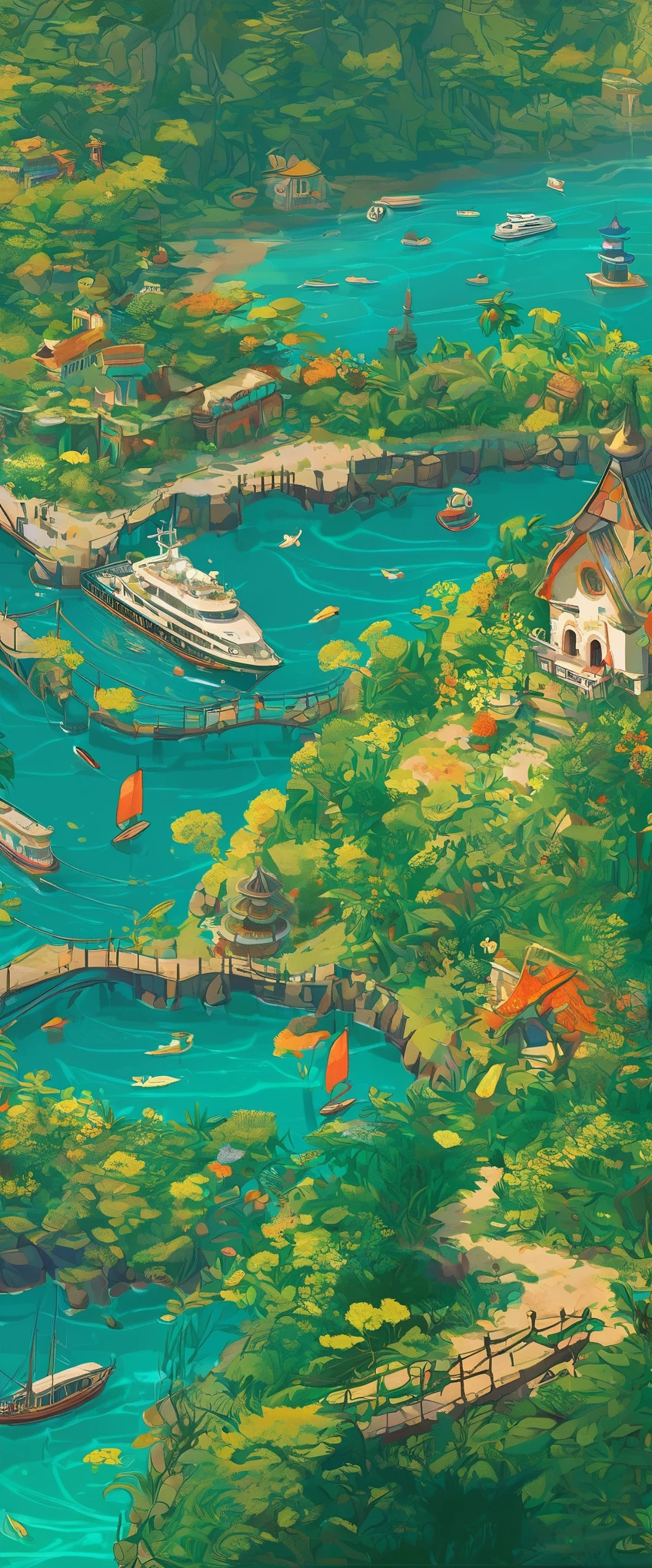 Create a 2D game art piece called &quot;Spring&quot;，With lush greenery surrounding the sea、The coastline is characterized by buildings and beautiful beaches，All this is in the style of Dmitri Vishnevsky。Artwork should be emerald、Orange and ocean blue tones stand out，Evoke a gentle、Relax、dreamy feeling，Similar to a magazine editorial。