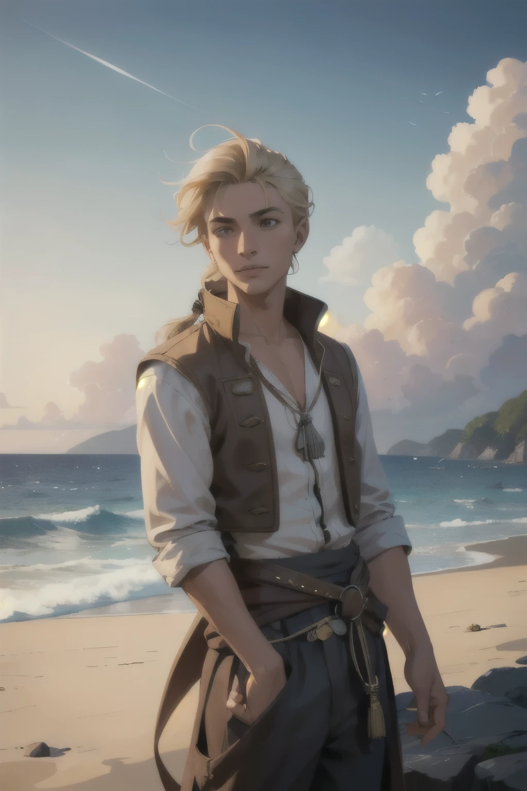Beautifully drawn, high quality, ultra-detailed CG illustration of a young man with a serene expression, pirate clothes, gazing into the distance with his striking light blonde hair gently waving in the ocean breeze, on the beach, rattail