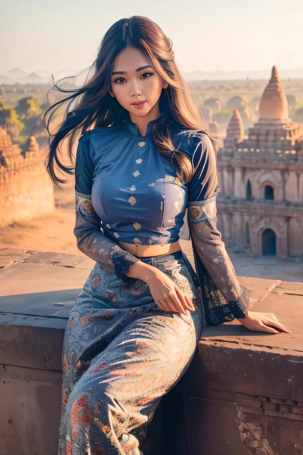 (masterpiece, best quality , high resolution:1.2), (photo realistic:1.2), (intricate and beautiful:1.2) , detailed light, bright light, (colorful and dynamic angle), upper body shot, fashion photography, 1 girl, acmm ls outfit, wearing acmm top, blue acmm top, long sleeves, wearing acmm long skirt, blue acmm long skirt, printed skirt, posing for photo, long straight hair, teasing look, gazing with a playful and teasing expression, igniting curiosity and attraction, attractive, outdoors, scenery, traditional media, sky, day, photo background, real world location, architecture, nature, ruins, landscape, bagan ancient pagoda background