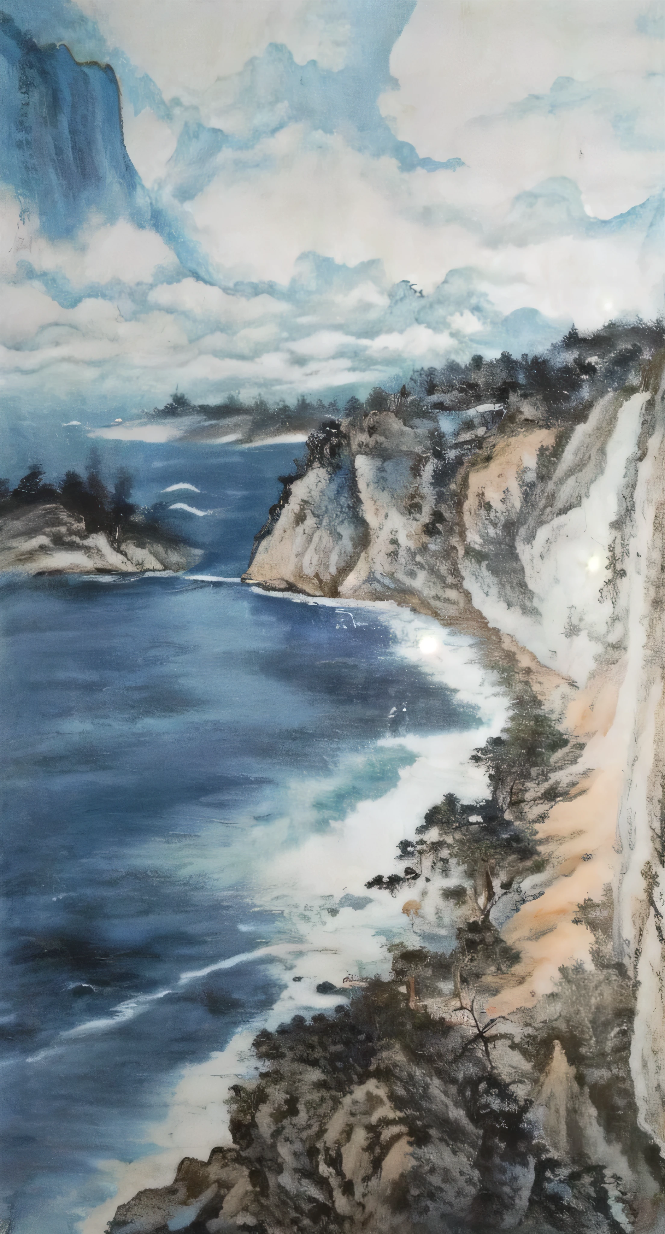 A painting of a cliff overlooking the sea，The painting shows a beach and cliffs, inspired by Dong Qichang, Chinese painting style, ink painting ) ) ) ), inspired author：Li Keran, Wen Boren, author：Li Keran, AI assisted digital painting, Inspired by Wang Shimin, inspired by Zhang Zongcang, Chinese style, by Li Zai