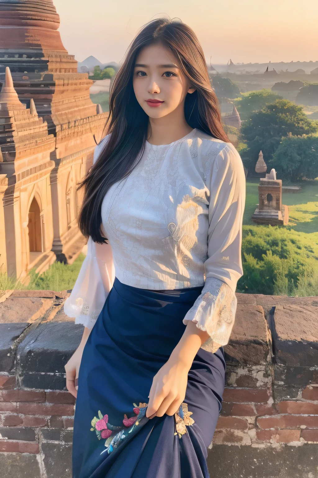 (masterpiece, best quality , high resolution:1.2), (photo realistic:1.2), (intricate and beautiful:1.2) , detailed light, bright light, (colorful and dynamic angle), upper body shot, fashion photography, 1 girl, acmm ls outfit, wearing acmm top, blue acmm top, long sleeves, wearing acmm long skirt, blue acmm long skirt, printed skirt, posing for photo, long straight hair, teasing look, gazing with a playful and teasing expression, igniting curiosity and attraction, attractive, outdoors, scenery, traditional media, sky, day, photo background, real world location, architecture, nature, ruins, landscape, bagan ancient pagoda background