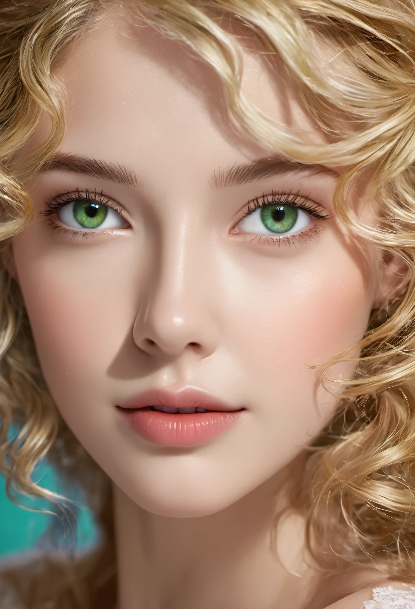 1girl, a professional photo, young girl, beautiful face, detailed face, detailed eye, blonde hair, long hair, curly hair, green eyes, eyes turned upwards, sexy lips, small nose, upturned nose, perfecteyes eyes, skin detail, (upper body:1.5), eye makeup,, (masterpiece, high quality, best quality:1.3), Detailed