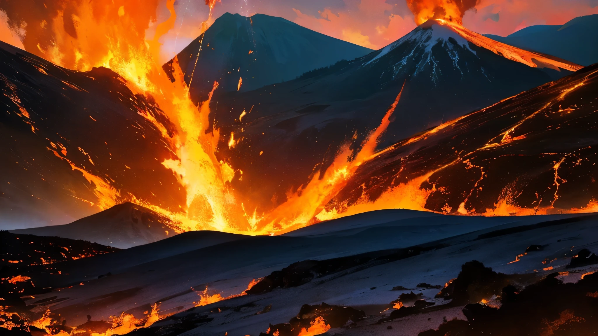 (best quality,4k,8k,highres,masterpiece:1.2),ultra-detailed,(realistic,photorealistic,photo-realistic:1.37),volcano eruption,bird's-eye view,pixel art style,creative poster,ashes,fiery lava flow,dark smoke clouds,vibrant colors,explosive energy,apocalyptic scenery,molten rocks,vivid pixelated flames,ominous atmosphere,destruction,contrast between fiery reds and dark blues,sharp focus,black silhouette of a mountain range,thin white outline of the volcano,abstract pixelated patterns on the ground,glowing cracks on the earth's surface,dynamic composition,high contrast lighting,glowing embers in the sky,dramatic shadows and highlights,egregious pixelation effect.