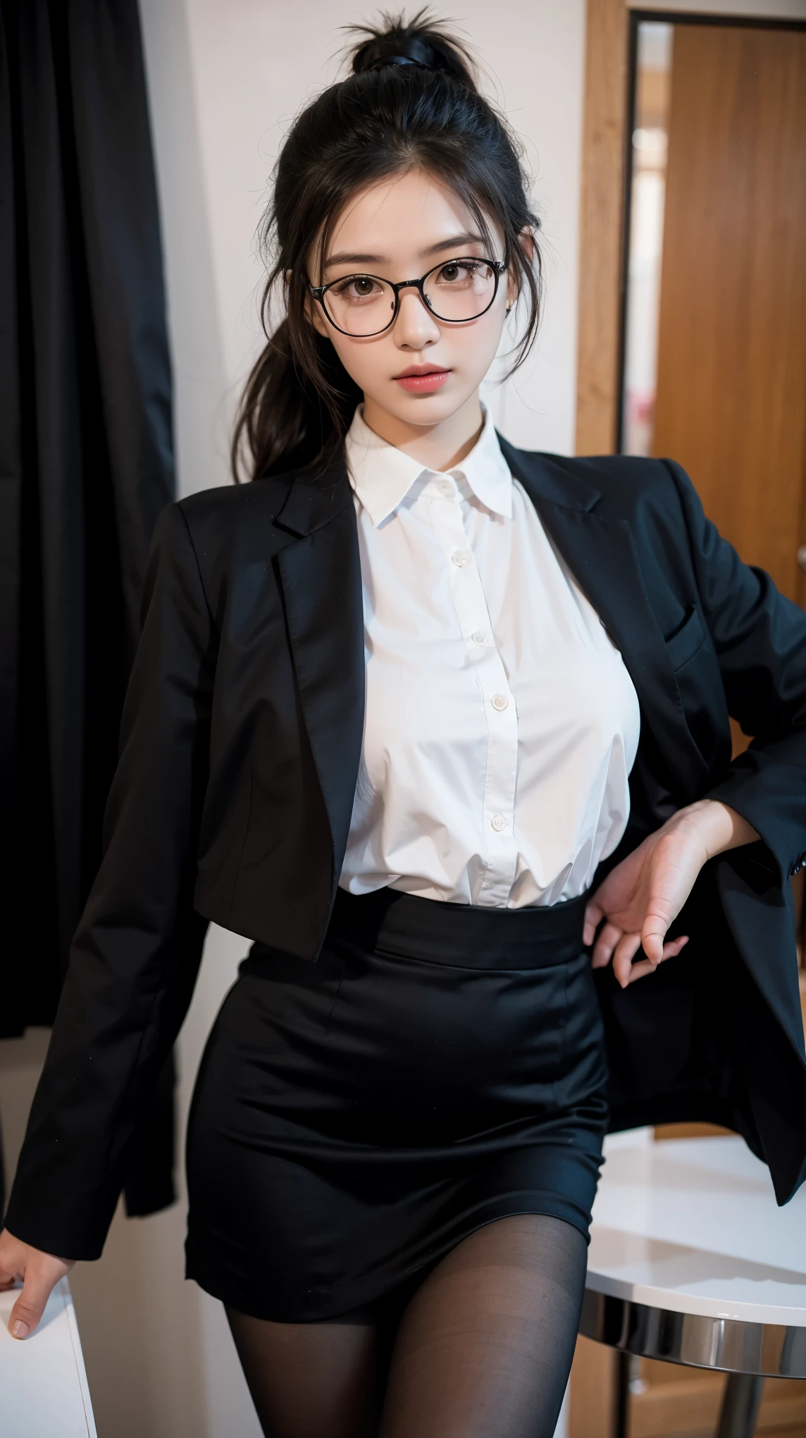 ((best quality)), ((masterpiece)), (detailed), (photorealistic:1.4), 1 girl, solo, best quality, masterpiece, ultra high res, 1girl, (detailed face:1.2), (detailed eyes:1.2), (detailed hair:1.2), (detailed clothes:1.2), 4k, (detailed color:1.2), perfect face, beautiful body, pretty face, ager female, perfect body, Ultra-high detail, Photorealism, Intimate atmosphere, flowing light, black straight hair, ponytail, glasses, wear a black coat, black coat, business coat, white blouse, polite uniform, white business blouse, unbuttoned blouse, black skirt, boss coat, black pantyhose, luxury pantyhose, Stand in front of the mirror, bend your body, office room, holding a phone, in front of mirror, pose in front of mirror,