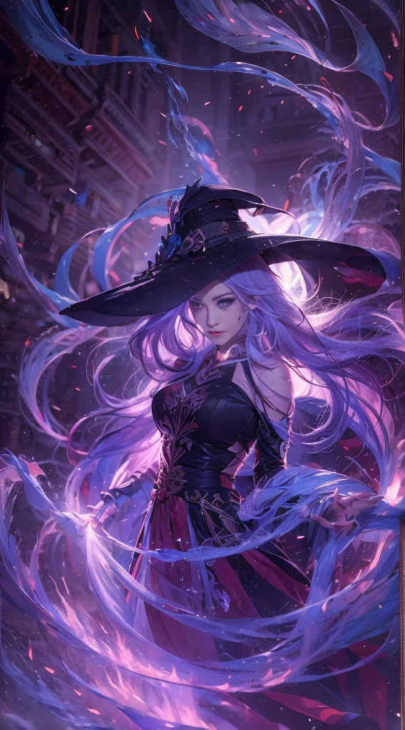 In the middle of so the storm on the stone field stand beatiful witch, she have a beautiful face with blue eyes shining purple lipstick and purple eye shadows, she have long blue hair with purple highlights, she dressed in black long coat short skirt high heels shoes and witch hat on her head , there is lighnings all around her, (ultra high quality fantasy art, anime fantasy style, masterpiece, ultra high quality character design, 8k quality anime art, realistic anime art, top quality wallpaper illustration, detailed ultra high quality accurate face, high quality design and accurate physic)