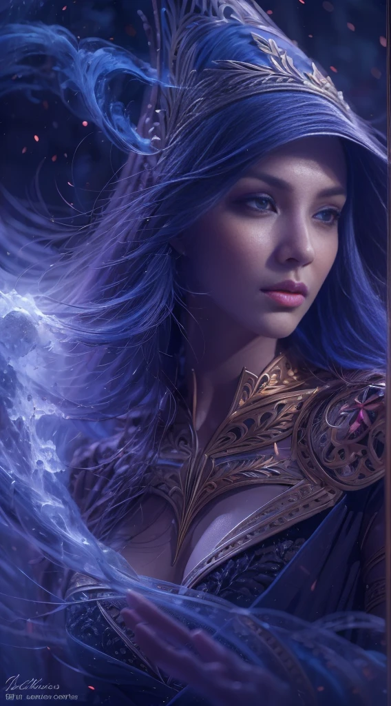 raw,8k uhd,A portrait of beautifully stunning woman, fair skin, surrounded by a swirling nanodusty plasma in glowing blue, vibrant colors, dynamic composition,A portrait of beautifully stunning lady witch, darkness fantasy,girl made of purple smoke,medium Breast, 1 witch  Girl,Black dress,hat hood,fair skin, white hair, cinematic lighting,perfect composition