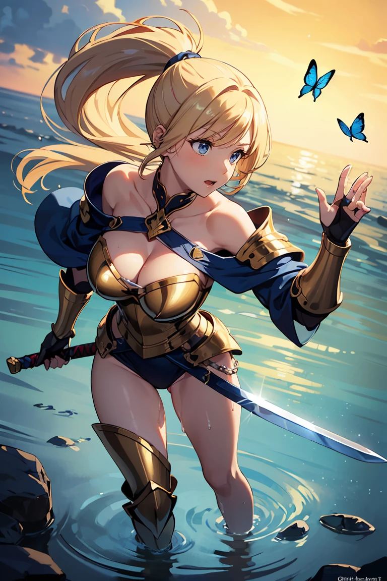 highest quality, Super detailed, (ultra high resolution,8K), Ultra-high definition 4K, (perfect anatomy, anatomically accurate), (One woman with big breasts has sexy charm), ((Holy Knight in the Shallow Water)), ((Beautiful and detailed golden armor, sheath, breastplate)), (off shoulder), ((human body as a whole)), blonde, (ponytail), (dynamic composition), High-definition facial beauty, (Beautiful blue eyes like sapphires), (open your mouth), wet body, shiny skin, (fine-textured skin,hair ), (Butterflies flying around a woman), (wetland), (midnight, dark), (Decisive pose), Thrusting the sword into shallow water, (Has a detailed beautiful sword)
