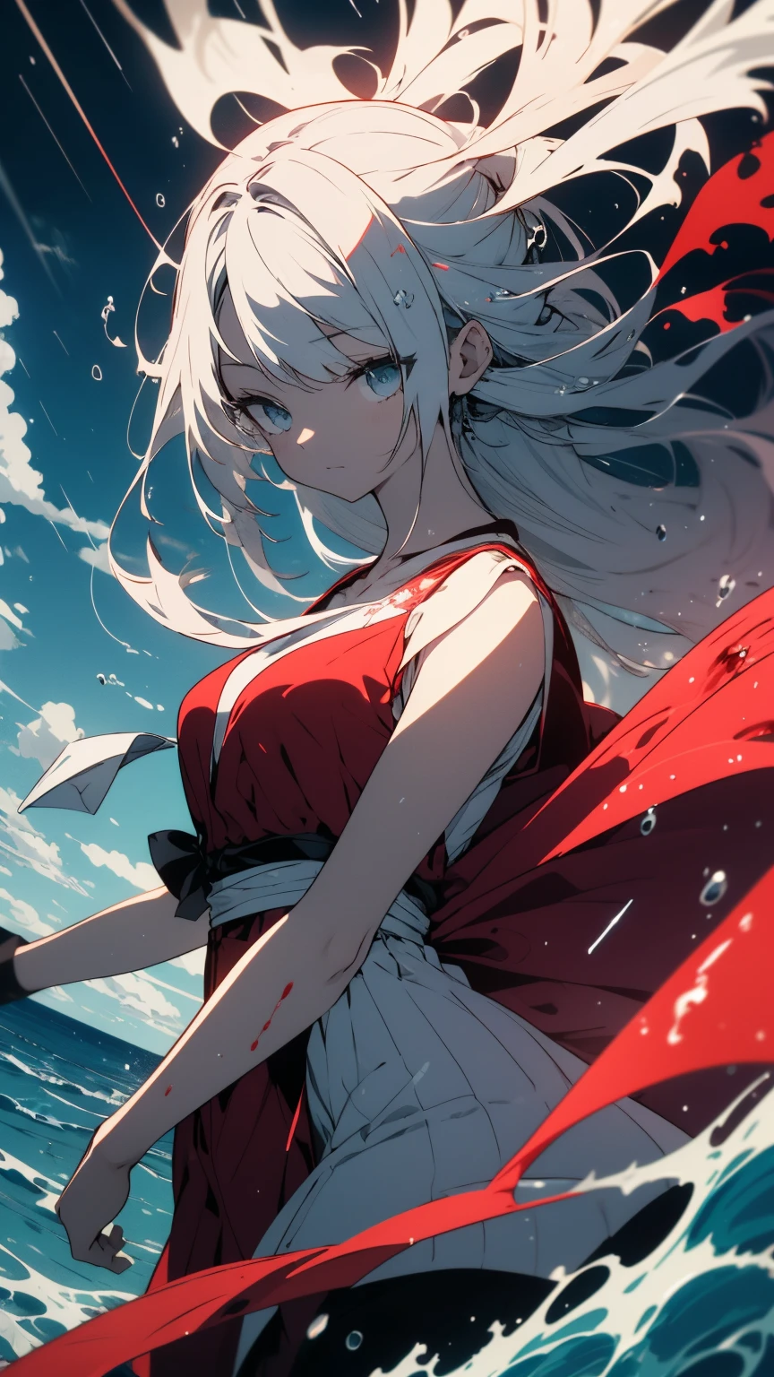 black and white and blue and red,(highest quality, Super detailed, High resolution, Very detailed),wide shot,a dead angel stands on the edge of a cliff,she is so beautiful,she likes blood and the sea,Rain of blood, Mysterious,fanatical, Complex, beautiful anime,delicate