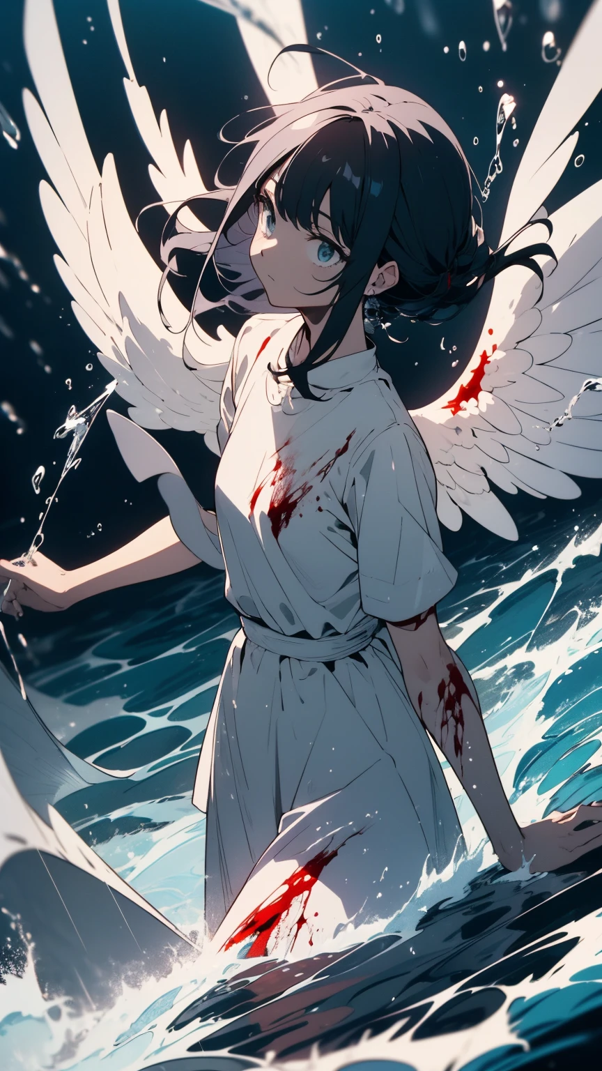 black and white and blue and red,(highest quality, Super detailed, High resolution, Very detailed),wide shot,a dead angel stands on the edge of a cliff,she is so beautiful,she likes blood and the sea,Rain of blood, Mysterious,fanatical, Complex, beautiful anime,delicate