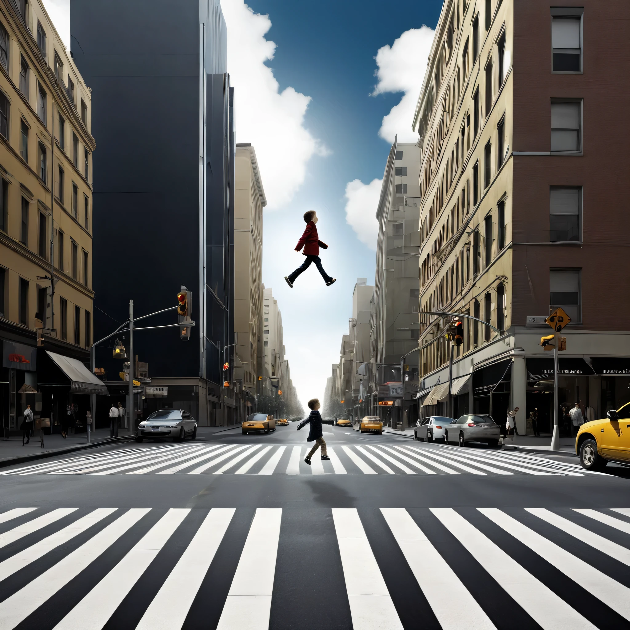 Pedestrian crossing hangs vertically in the sky，A  walks in mid-air on a crosswalk，Surrealism，Photography，Alastair Magnaldo，Alastair Magnaldo，Super picture quality