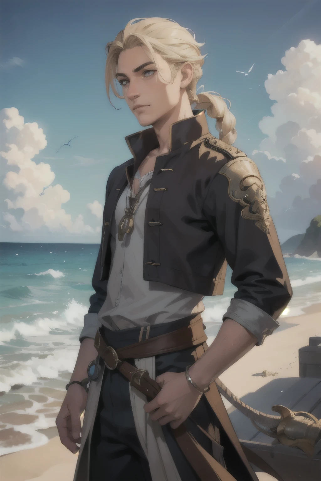Beautifully drawn, high quality, ultra-detailed CG illustration of a young man with a serene expression, pirate clothes, gazing into the distance with his striking light blonde hair gently waving in the ocean breeze, on the beach, rattail