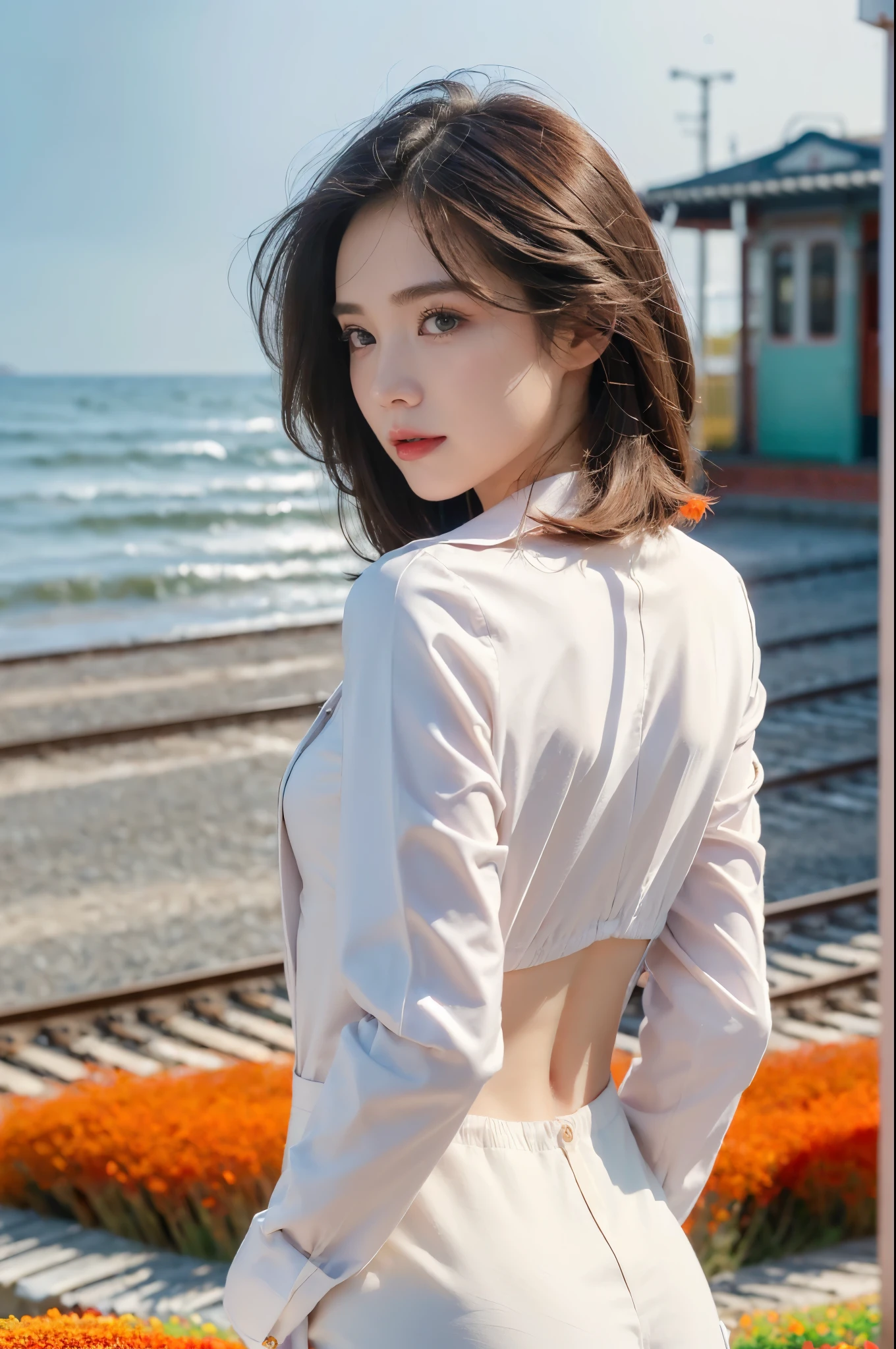 ((((8k))),((Extremely meticulous CG)) ,(wallpaper),16k,((Extremely refined and beautiful)),(((Masterpiece))),(((best qualtiy))),(((Ultra High Resolution))),beautiful light up,realistic shaded,(Smooth and flawless fair skin:1.5),(pale skin:1.3),(Extremely exquisite facial details:1.2),(perfect body:1.1),(ultra-detailed:1.5),((A beautiful girl,solo)),(small head:1.2),(shoulder-length straight bob hair:1.2),(small face:1.2),(:1.3),(Exquisite makeup:1.2),(small breasts:1.2),(flat chests:1.2),((slim,thin)),(laughing:1.2),(happy:1.2),(collared shirt:1.3),(long sleeves:1.2),(underwear:1.2),(slender legs:1.3),(sneakers:1.2),(day scene:1.2),(cloudy:1.2),(light rain:1.2),(outdoor:1.2),(early spring:1.2),(At the seaside train station full of red pea flowers:1.5),(On the platform:1.2),(colorful train:1.3),(detailed seaside background:1.5),(standing:1.3),(upper body:1.3),(from back:1.3)