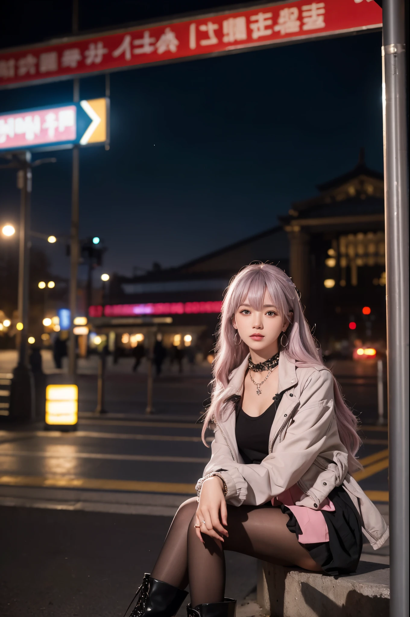 artworks，ultra high resolution，8K resolution，Accurate facial features with depth of field，is a perfect face，girl，the only person，ssmile，Long gray hair，with pink hair，crossed bangs，shairband，bangle，collars，hoop earings，aviator sunglasses bomber jacket，red fire retardant clothing，Over-the-knee boots，Ruffled pantyhose，crouched，facing to audience，eventide，temple，Train station，Fleet Collection，movie lighting