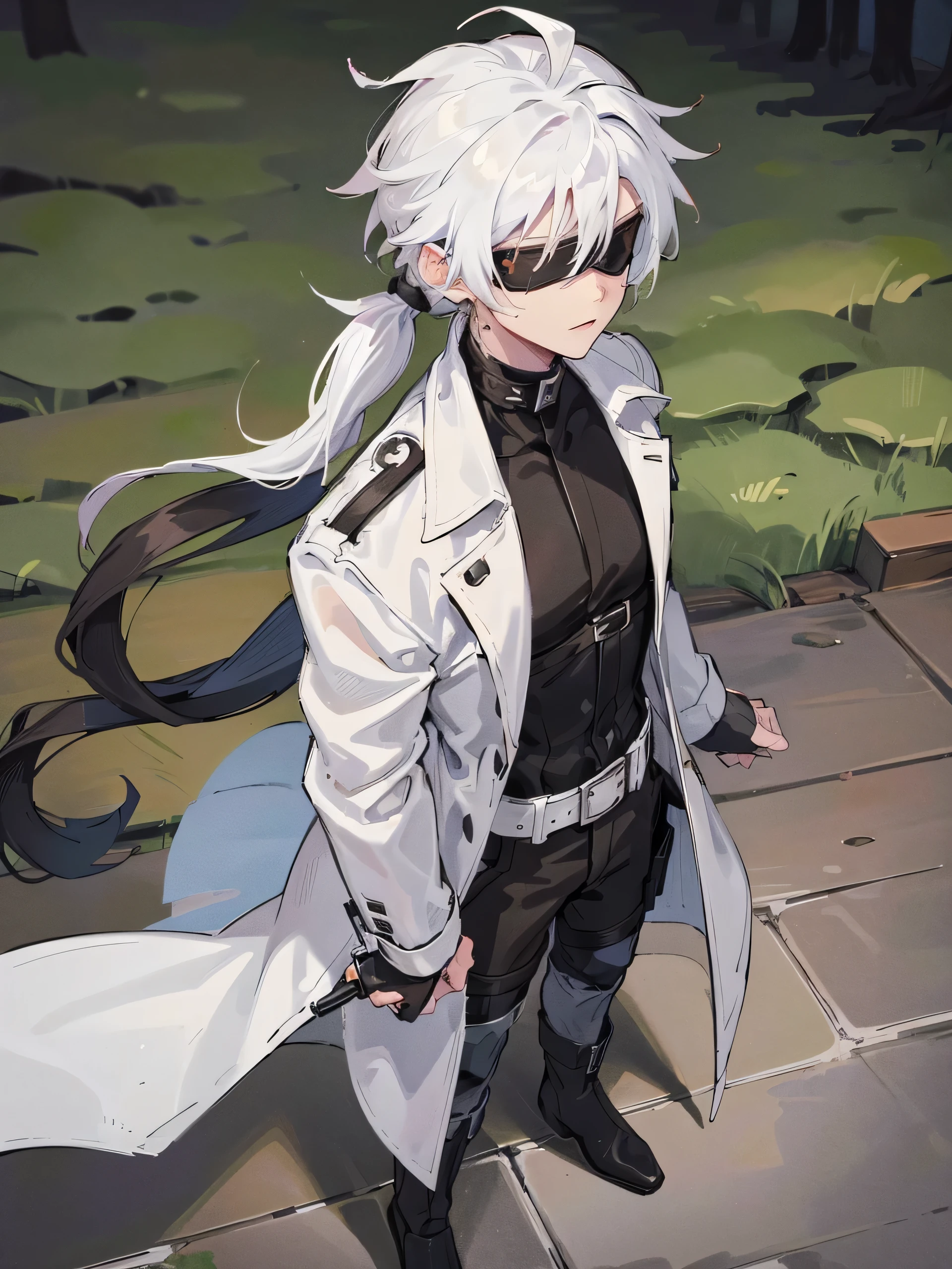 Man, male face, slightly muscular, alone, solo, white trench coat, cargo pants, black combat boots, white hair, white ponytail, ponytail, blindfold, full blindfold, scars, leather holsters, black holsters, forest background, forest, no crowd, looking at viewer, side looking