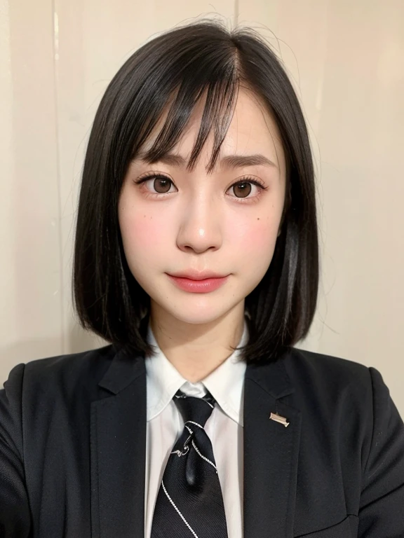 (kawaii 24 year-old Japanese girl, Nogizaka idol, Korean idol), healthy female athlete body, (glossy black hair, messy very short hair, messy pixie cut, symmetric and even length hair:1.3), (forehead without wrinkles), (rounded face, black eyes, single eyelid, no makeup, serious expression:1.2), (wearing suit jacket, collared shirt, necktie:1.3), (flat chest, extra small breasts), (looking at viewer:1.2), BREAK, (plain white wall background:1.3), (portrait, id photo, yearbook, view from straight forward:1.3), face focus, BREAK, (masterpiece, best quality, photo realistic, official art:1.4), (UHD, 8K quality wallpaper, high resolution, raw photo, golden ratio:1.2), (shiny skin), professional lighting, physically based rendering, award winning, (perfect anatomy, highly detailed skin, extremely detailed face and eyes), Carl Zeiss 85 mm F/1.4, depth of field, 1girl, solo,