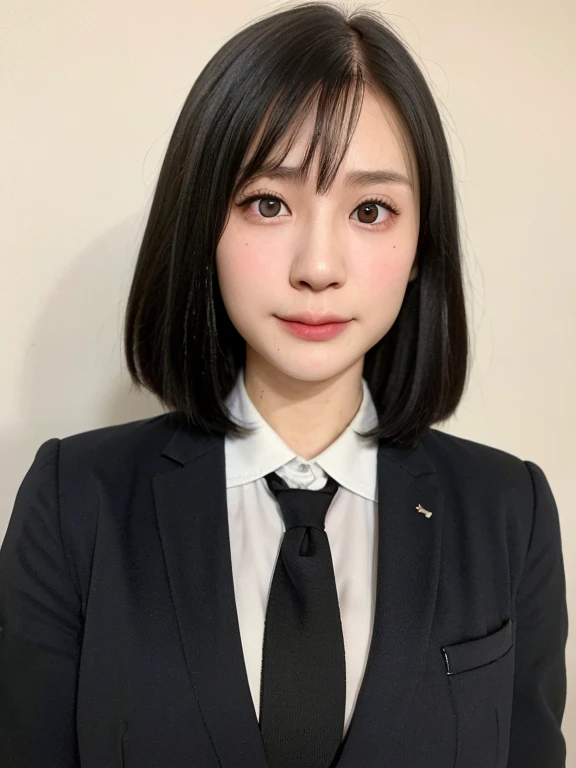 (kawaii 24 year-old Japanese girl, Nogizaka idol, Korean idol), healthy female athlete body, (glossy black hair, messy very short hair, messy pixie cut, symmetric and even length hair:1.3), (forehead without wrinkles), (rounded face, black eyes, single eyelid, no makeup, serious expression:1.2), (wearing suit jacket, collared shirt, necktie:1.3), (flat chest, extra small breasts), (looking at viewer:1.2), BREAK, (plain white wall background:1.3), (portrait, id photo, yearbook, view from straight forward:1.3), face focus, BREAK, (masterpiece, best quality, photo realistic, official art:1.4), (UHD, 8K quality wallpaper, high resolution, raw photo, golden ratio:1.2), (shiny skin), professional lighting, physically based rendering, award winning, (perfect anatomy, highly detailed skin, extremely detailed face and eyes), Carl Zeiss 85 mm F/1.4, depth of field, 1girl, solo,