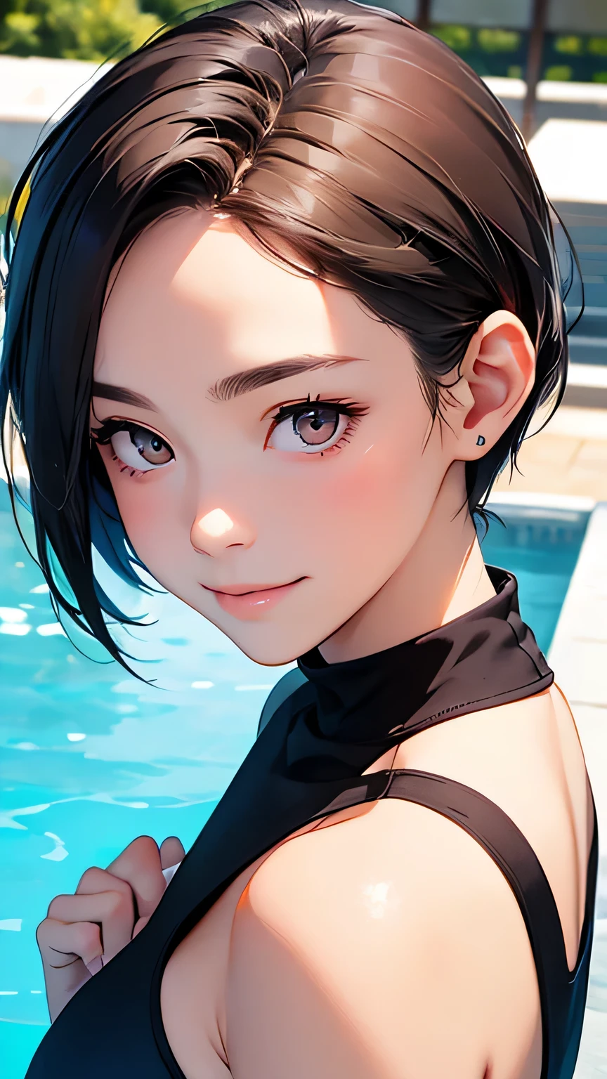 highest quality、realistic、Japanese、adult woman、look up、cute、silver eyes、very short hair、boyish、chestnut hair、all back、The forehead is out、pool、Poolside seating、swimsuit、A big smile、close up face、slender、