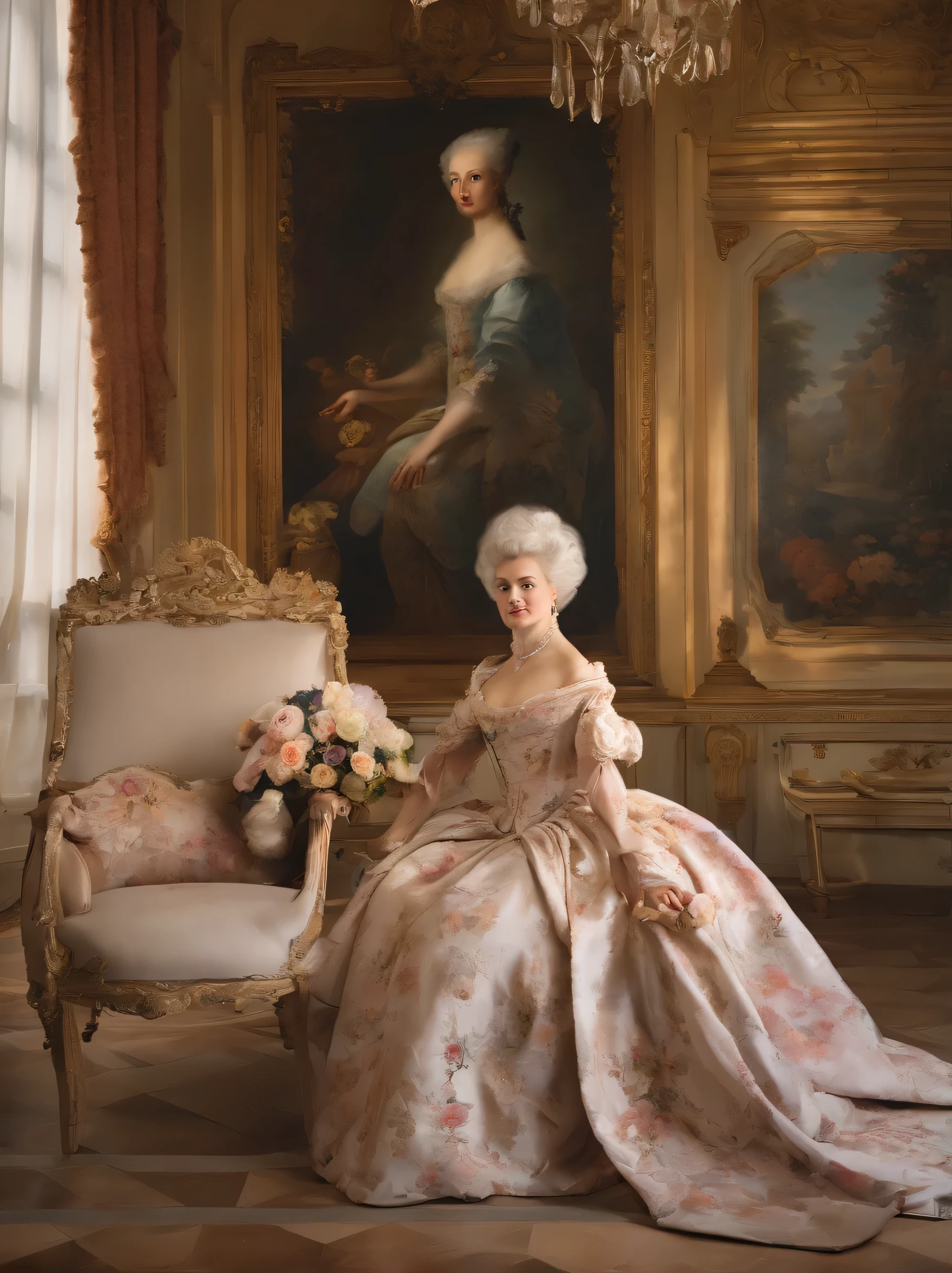 In a hyper-realistic painting bathed in soft afternoon sunlight, Marie-Antoinette, Queen of France under the Ancien Régime, sits gracefully in a gilded armchair in the opulent salon of the Petit Trianon. She is dressed in a fine silk gown, the pastel color of which harmonizes with the delicate floral motifs adorning the walls. A steaming cup of tea rests on a porcelain saucer on her lap, its delicate aroma mingling with that of fresh flowers. Her expression is one of quiet contemplation, a hint of amusement dancing in her eyes. Sunlight streams through the tall windows, casting a warm glow over the scene and highlighting the intricate details of the room - the gleaming marble floors, the carved furniture and the priceless works of art adorning the walls. The overall mood is one of tranquility and refinement, testifying to Marie-Antoinette's love of beauty and her desire to find refuge from the pressures of court life.