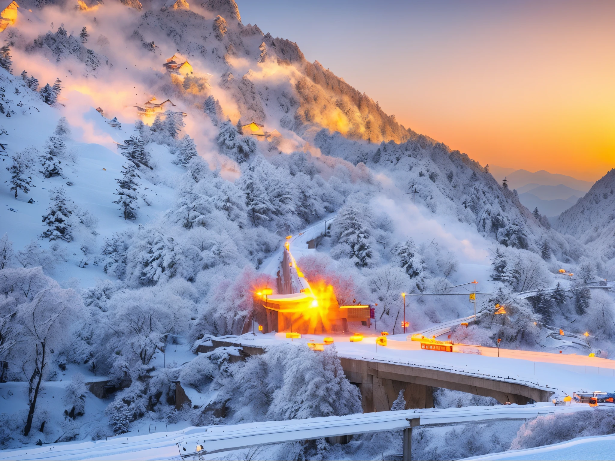 (Realistic : 1.0), sunny,Realistic lighting, HD details, Along a highway in Sichuan Province, China,heavy snowfall,Behind it are snow-capped mountains and snowy forests。There is a long concrete bridge ahead.。This photo is full of realism