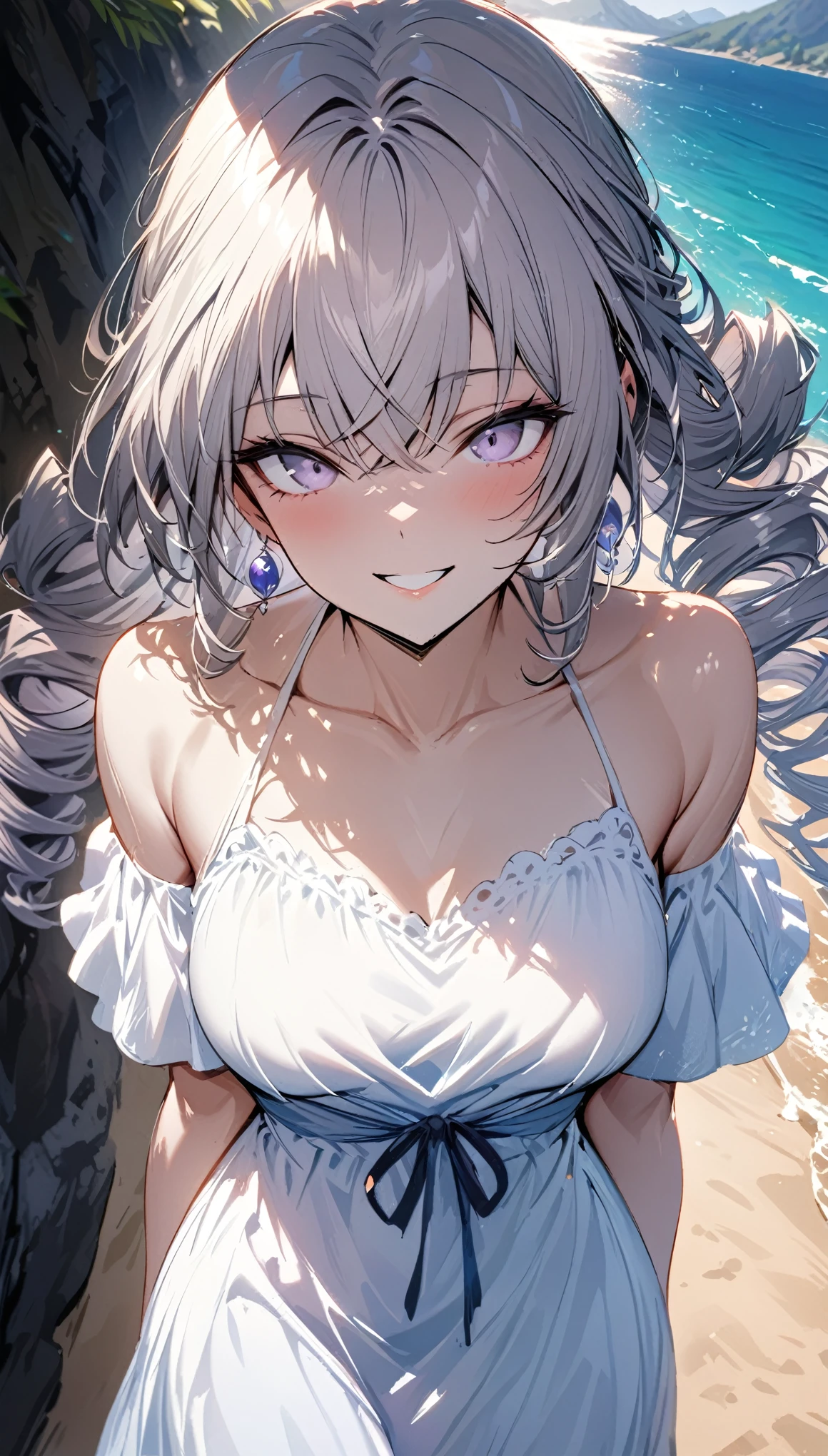 (((Masterpiece))), , diffused light, dynamic shadows, sharp focus, detailed, summer dress , anatomically correct, loving face, beautiful smile, beach with mountain background, bronya, (( half body:1)), bronya, long drill hair, 