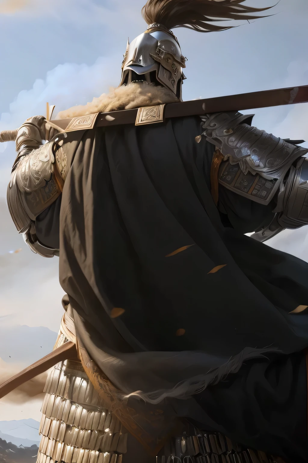 A man wearing a gray robe、Chinese_armor,Man's armor,alone,Shoulder_armor,helmet,detailed_Eye,looking at the audience,black hair,masterpiece, best quality, perfect Eye, perfect face, perfect lighting, 8K,perfect anatomy, Clothes with Japanese patterns,((Unreal Engine 5)), Realistic rendering, Excellent, (Full set of samurai armor), (Cuirassiers), Song Dynasty general riding a war horse, robe,silver armor helmet,holding spear in hand,A majestic general,The battlefield filled with smoke,High resolution,Ridiculous,masterpiece,best quality,The original,Extremely detailed CG,Very detailed wallpaper,perfect lighting,stand on stage,looking at the audience,