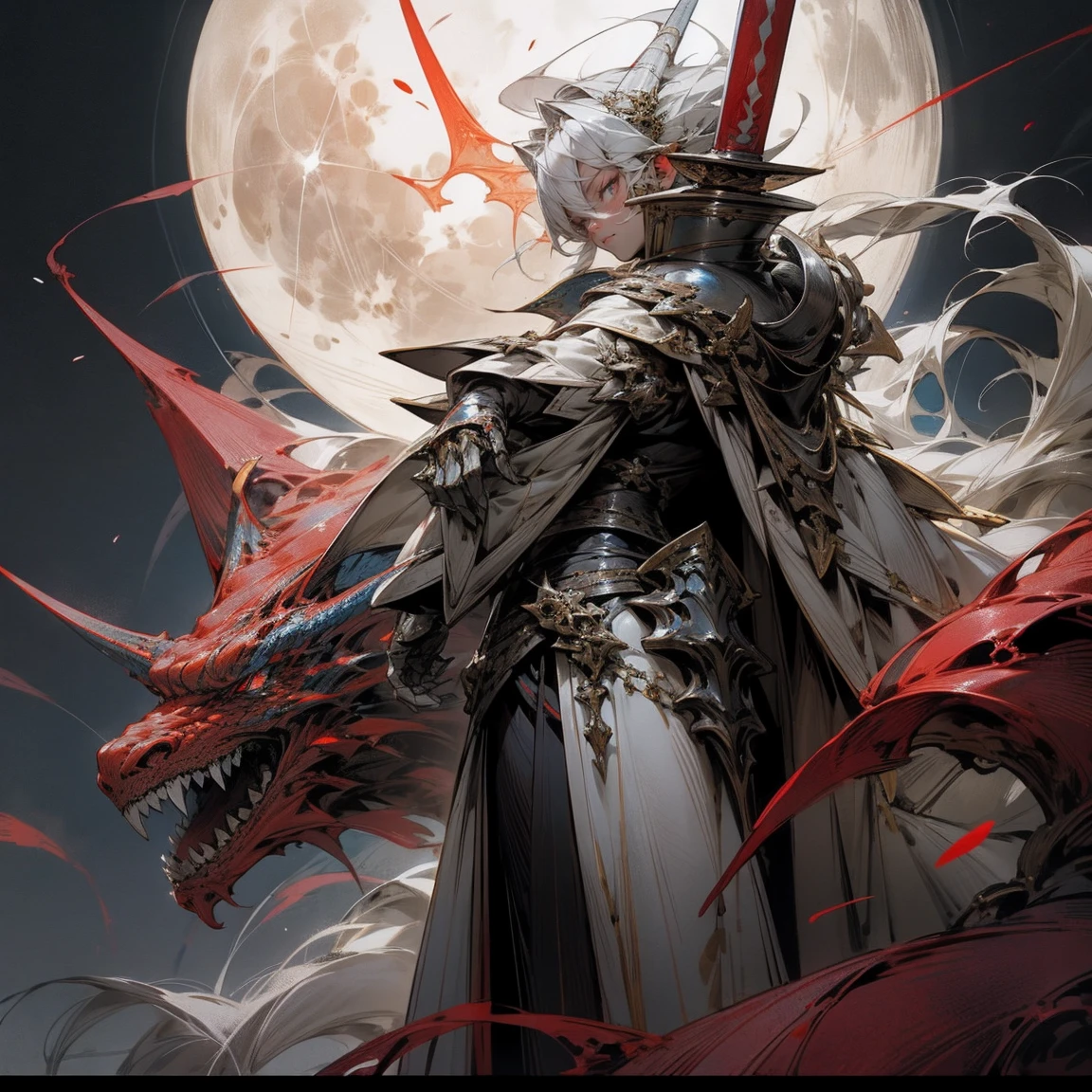 anime style, silver hair, knight, Wearing red and silver armor,Holding a huge sword, Blue dragon horn, clear eyes, big moon, lightning,Silver gloves,