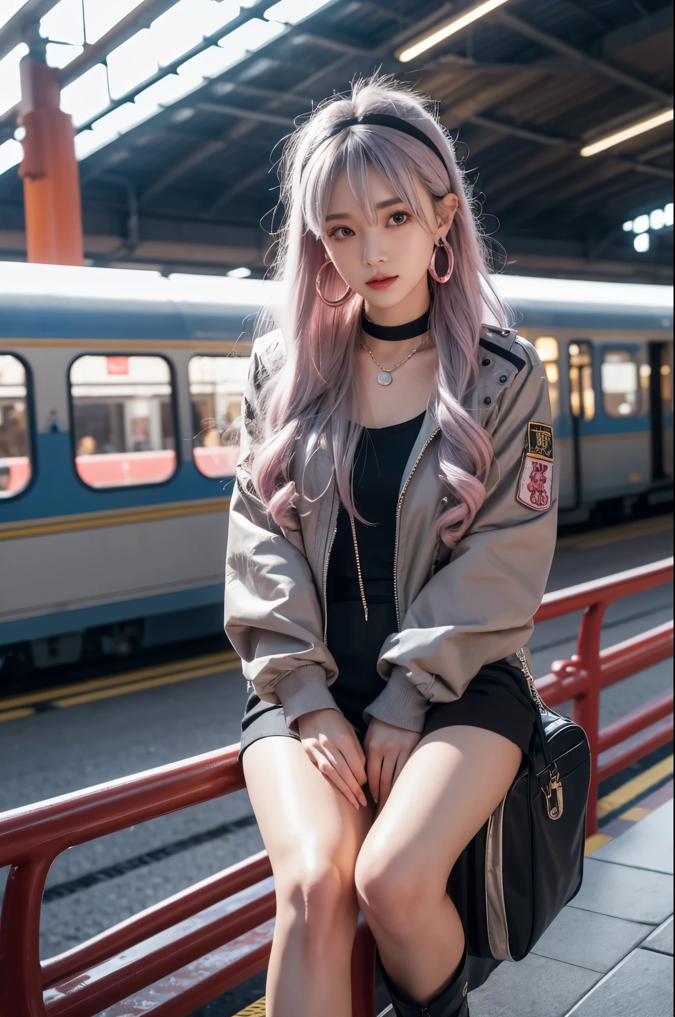 artworks，ultra high resolution，8K resolution，Accurate facial features with depth of field，is a perfect face，girl，the only person，ssmile，Long gray hair，with pink hair，crossed bangs，shairband，bangle，collars，hoop earings，aviator sunglasses bomber jacket，red fire retardant clothing，Over-the-knee boots，Ruffled pantyhose，crouched，facing to audience，eventide，temple，Train station，Fleet Collection，movie lighting