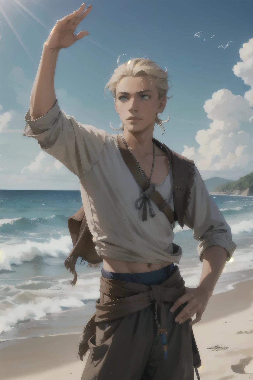 young man with a serene expression, rugged pirate clothes, gazing into the distance with his striking light blonde hair gently waving in the ocean breeze, on the beach, rattail